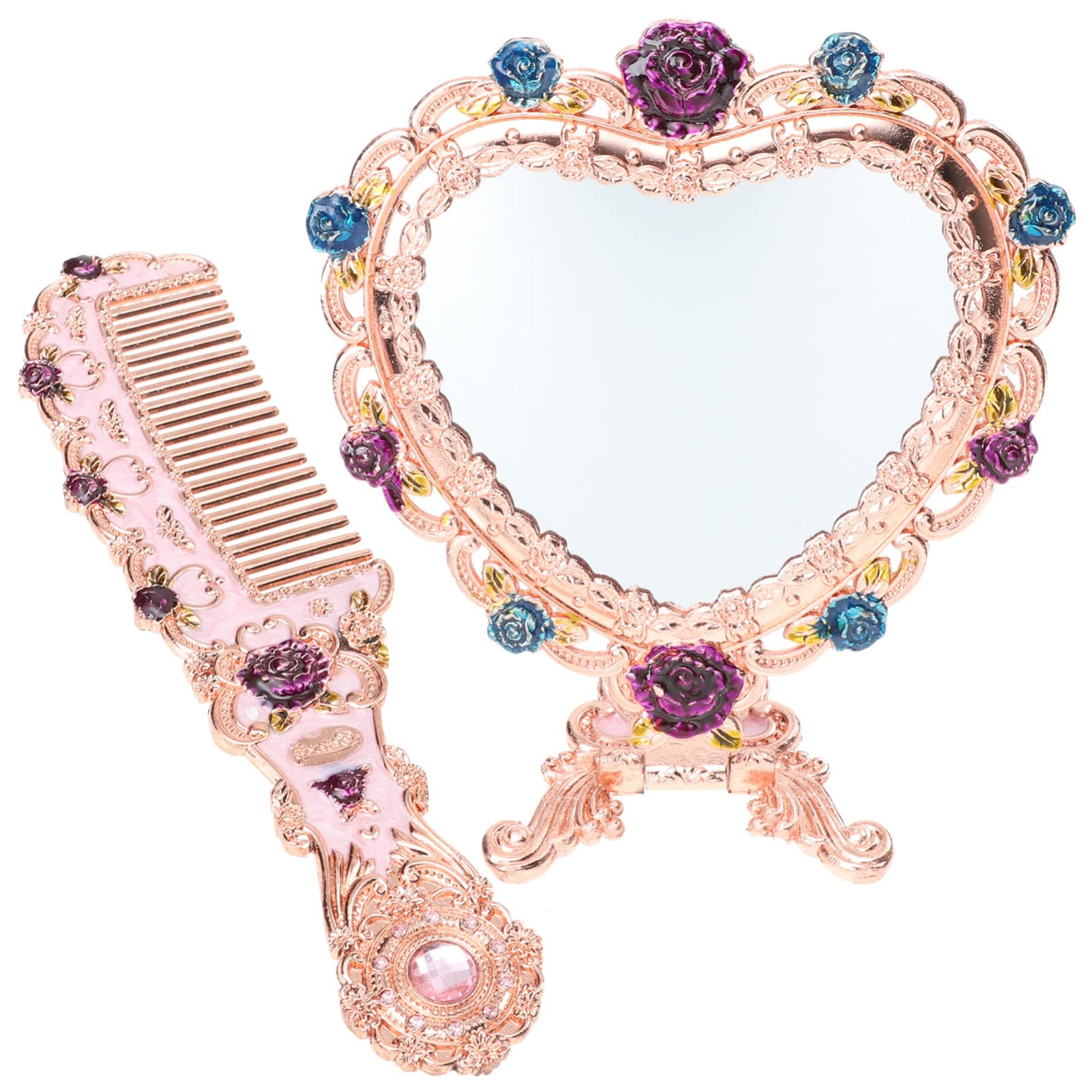 FRCOLOR Vintage Rose Gold Hand Mirror with Comb - Portable Foldable Makeup Mirror, Retro Metal Handheld & Tabletop Stand Mirror for Vanity, Dressing Room, Travel & Home Decor