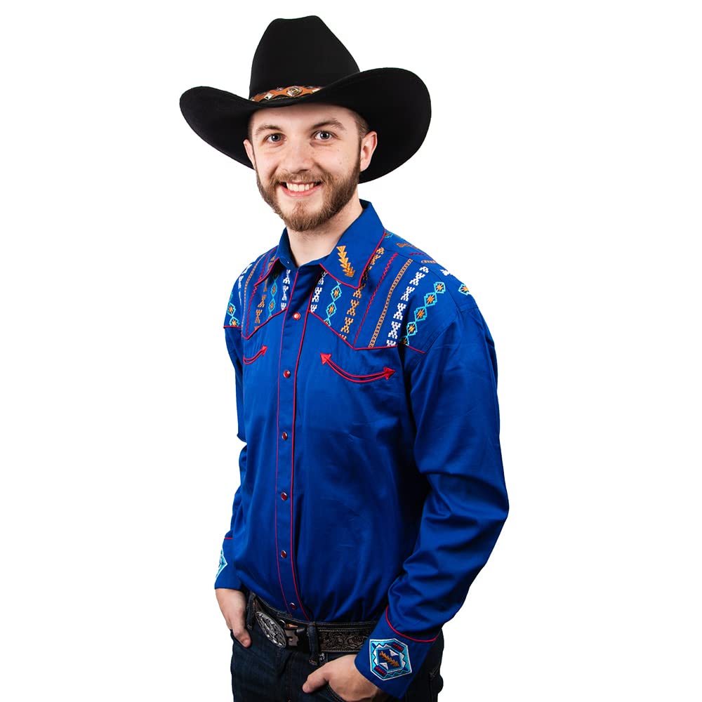 Western Express Men's Long Sleeve Snap Button Cowboy Shirt - Southwestern Embroidery Western Shirt for Rodeo, Country Music Festivals & Casual Wear