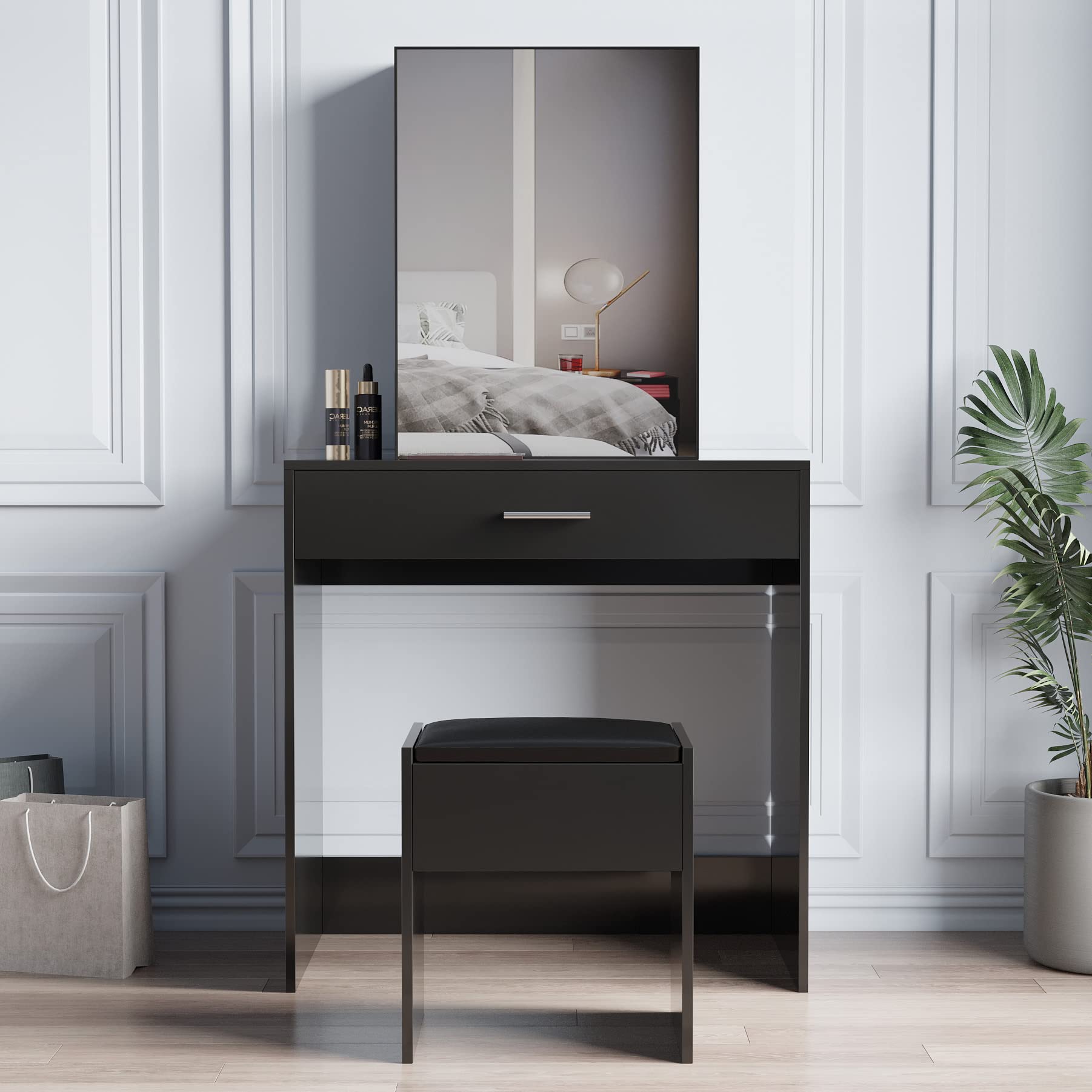Vanity Set with Sliding Mirror - Makeup Dressing Table with Drawer & Hidden Storage, Cushioned Stool - Elegant Bedroom Vanity Desk for Women & Girls (Perfect for Makeup, Jewelry Organization & Home Decor)