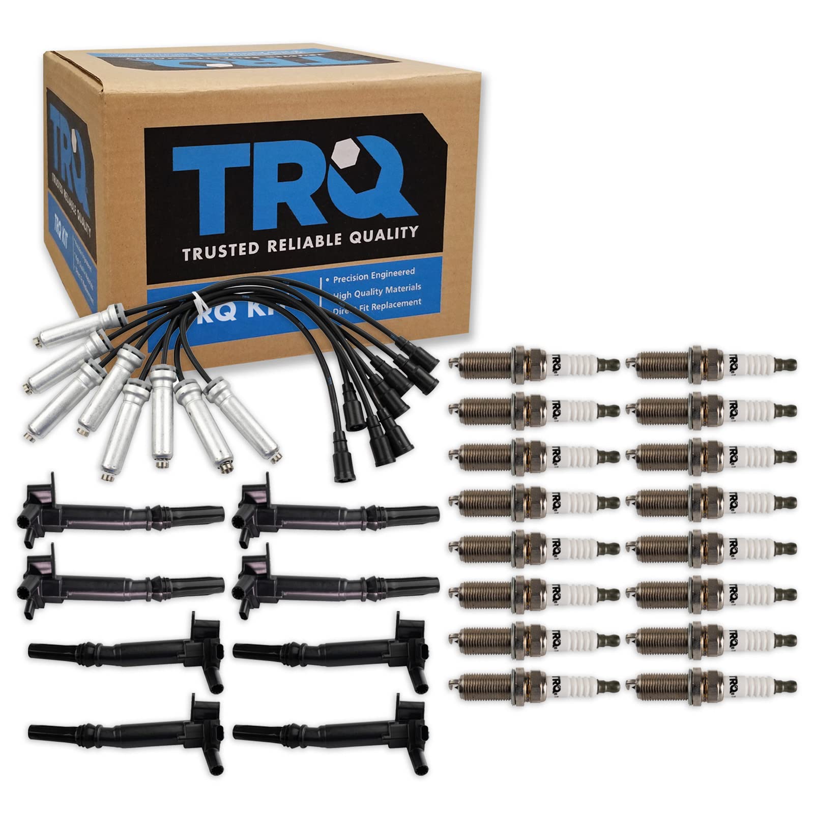 TRQ Ignition Coil & Spark Plug Wire Set Kit - Compatible with 2018-2019 Ford F-250/F-350 Super Duty - Improve Engine Performance & Fuel Efficiency for Heavy Duty Trucks