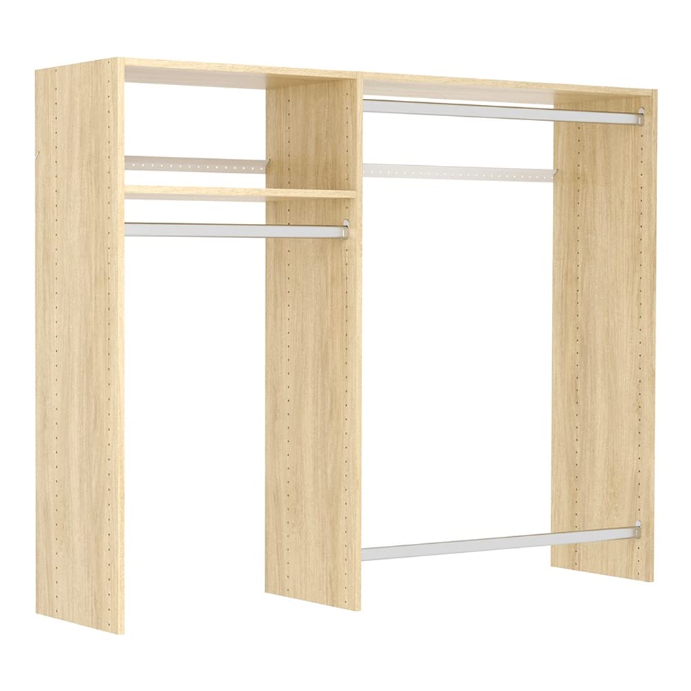 Easy Track Hanging Closet Kit - Wall Mounted Wooden Wardrobe Organizer with 3 Rod Rack System & Spacious Shelves (Honey Blonde) - Perfect for Bedroom, Closet, Dorm & Small Space Storage Solutions