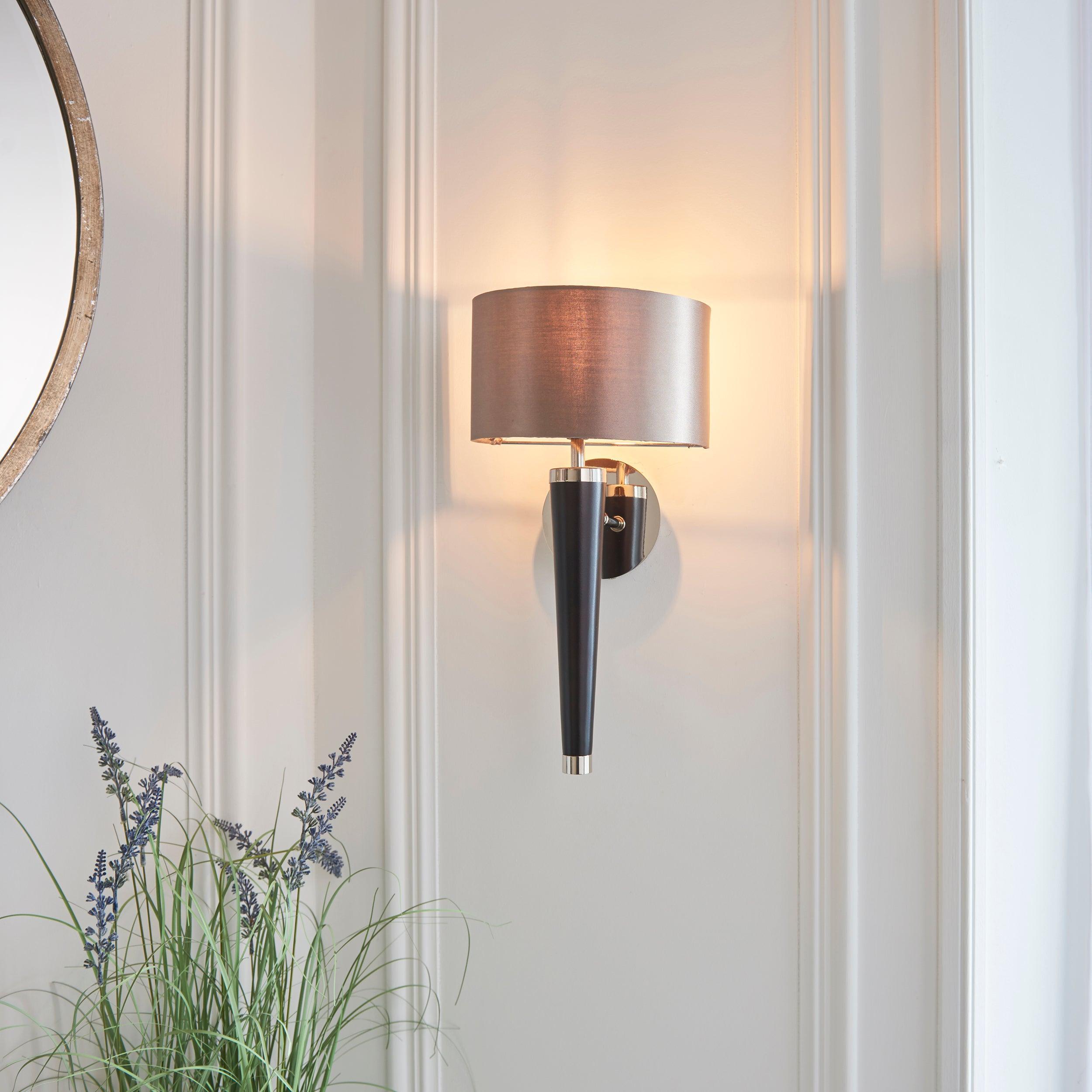 Corvina Walnut Effect Wood & Mink Faux Silk Wall Light - Elegant Home Decor Lighting for Bedroom, Living Room, and Hallway