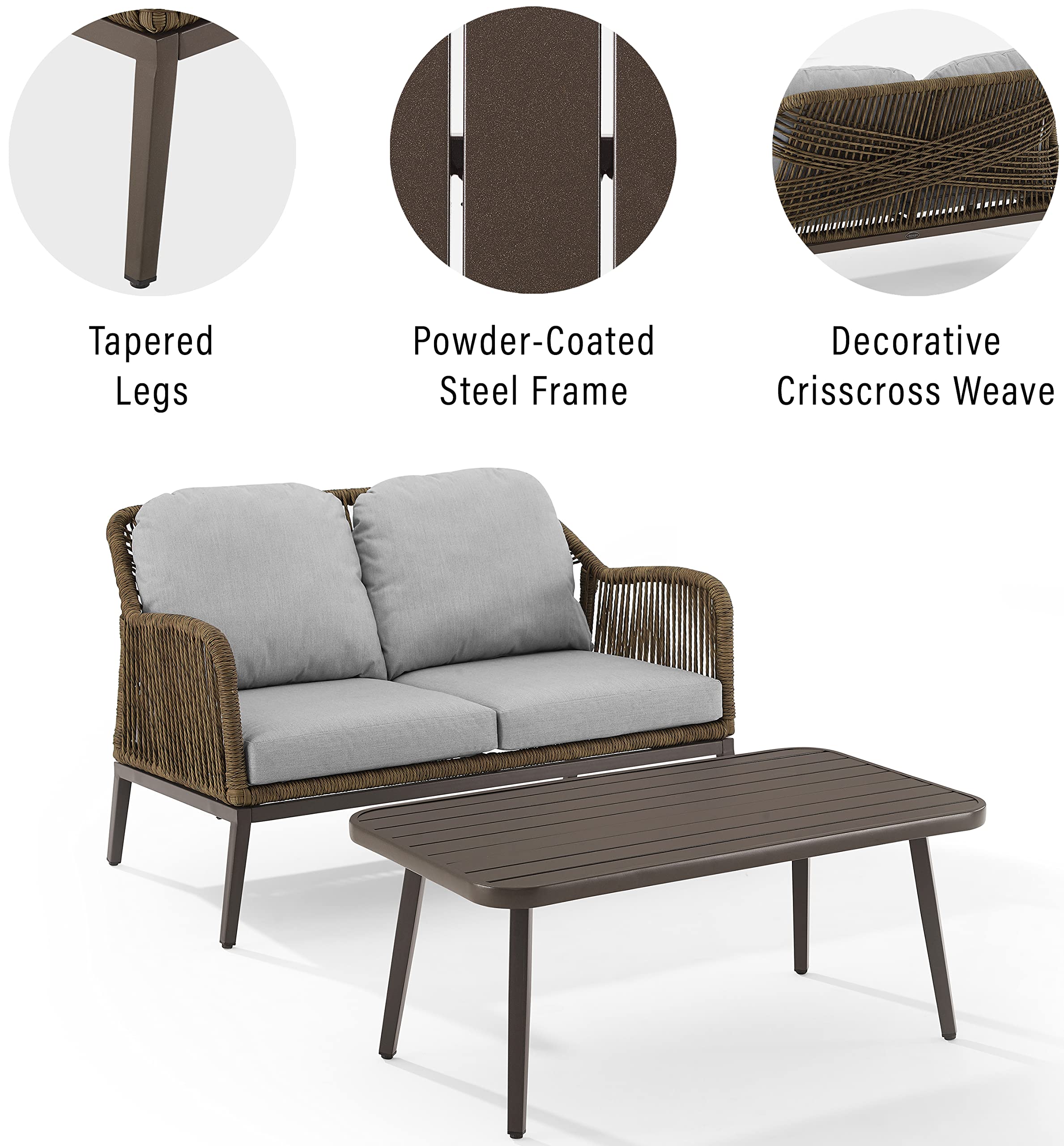 Crosley Furniture Haven 2-Piece Wicker Outdoor Coffee Table and Loveseat Set - Light Brown Patio Furniture with Gray Cushions for Porch, Garden & Backyard Relaxation