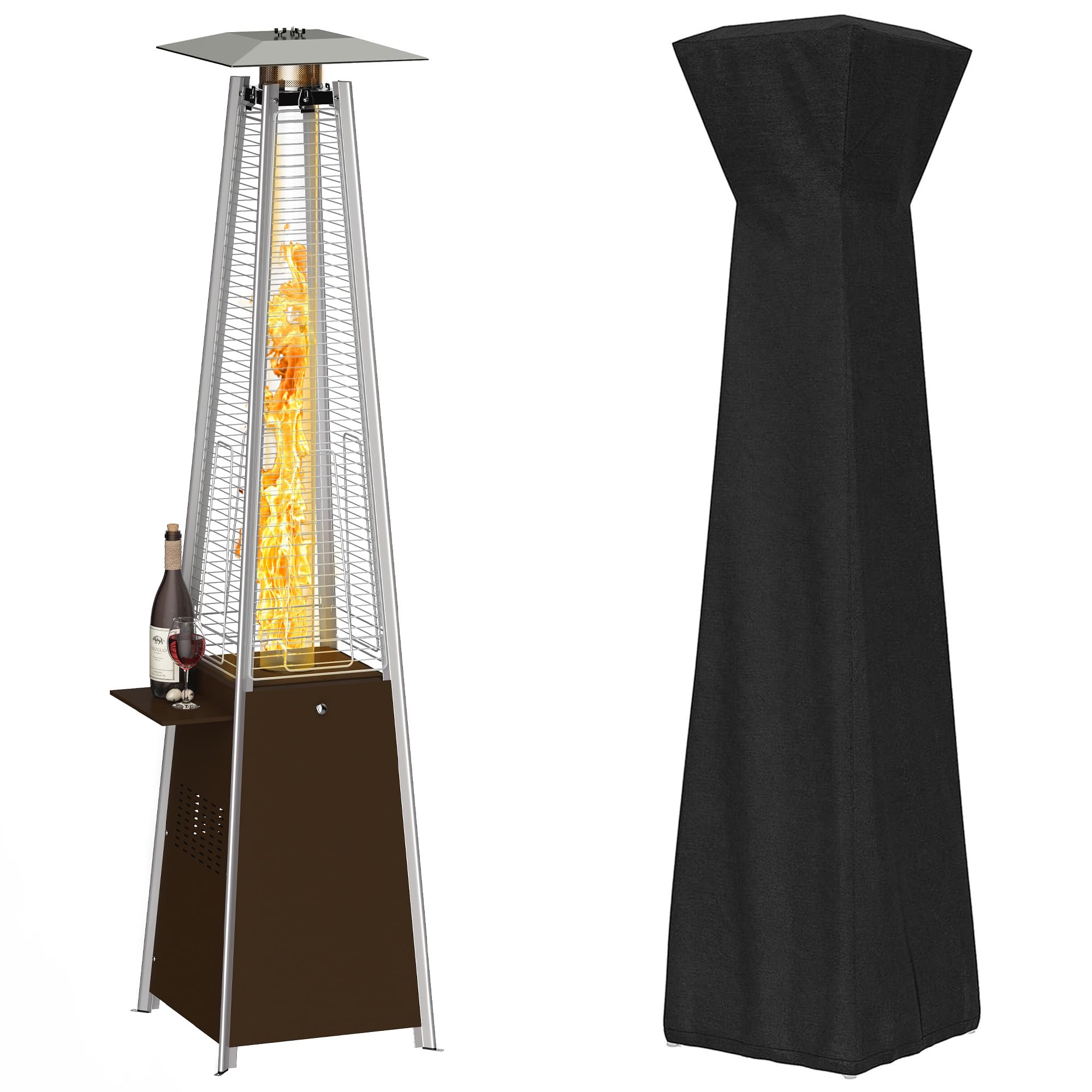 FOOWIN 48,000 BTU Outdoor Propane Patio Heater with Detachable Table, Wheels & Waterproof Cover - Hammered Bronze Quartz Glass Tube Heater for Backyard, Deck, Restaurant & Garden Parties