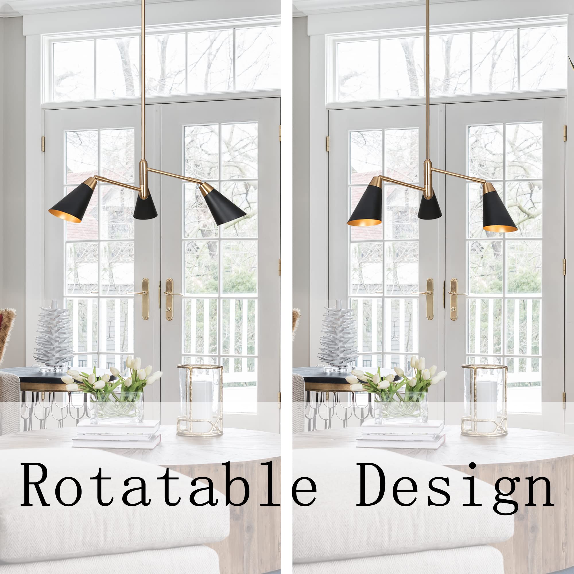 Modern Black & Gold 3-Light Chandelier with Copper Brass Finish - Elegant Hanging Metal Light Fixture for Dining Room, Living Room, Bedroom, Kitchen & Foyer | Perfect for Home Decor, Wedding Venues & Restaurant Lighting