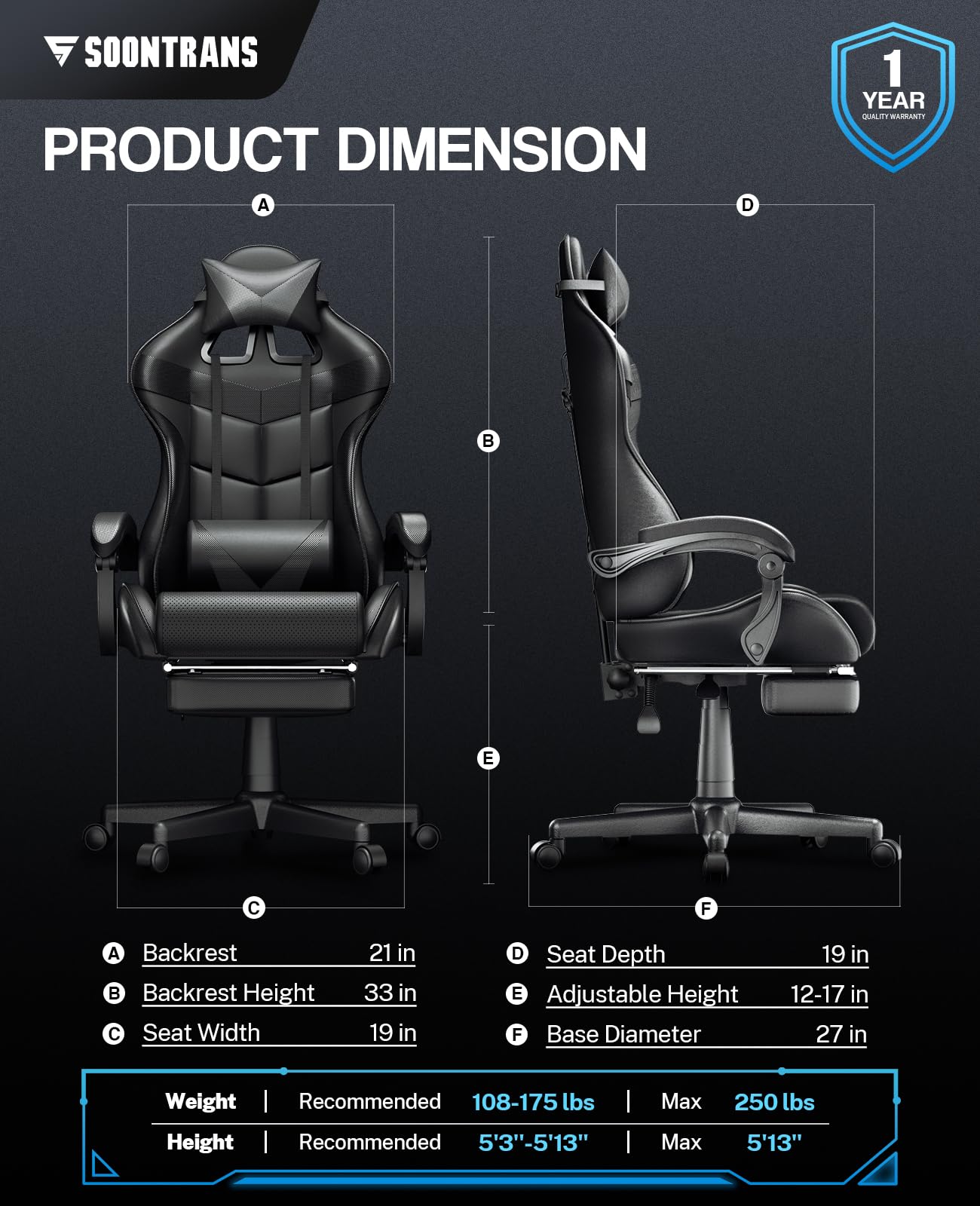 Soontrans Black Gaming Chair with Footrest - Ergonomic Computer Office Chair with Adjustable Headrest & Lumbar Support for PC Gamers - Perfect for Home Gaming Setup & Workstation (Dark Black)