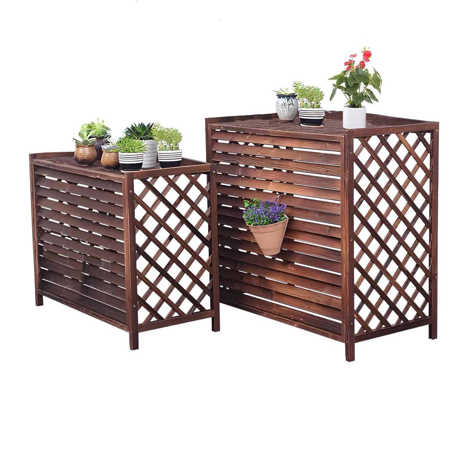 Wooden AC Unit Cover Outdoor - Air Conditioner Privacy Screen & Freestanding Fence to Hide AC Unit - Decorative Plant Display Shelf for Patio, Garden, and Backyard Storage
