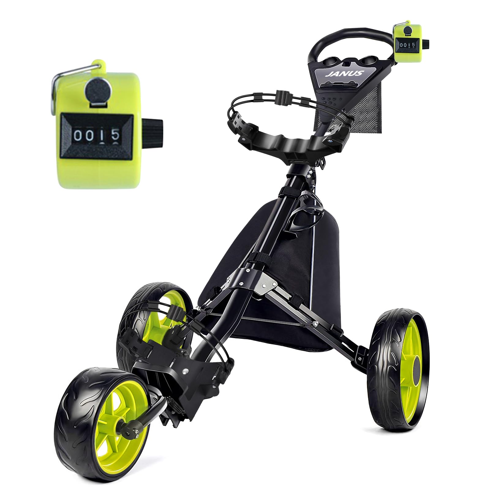JANUS Foldable Golf Push Cart - Lightweight Golf Bag Caddy for Stand & Cart Bags | Compatible with Large/Small Wings | Includes Cooler Bag | Perfect for Course Rounds & Practice Sessions