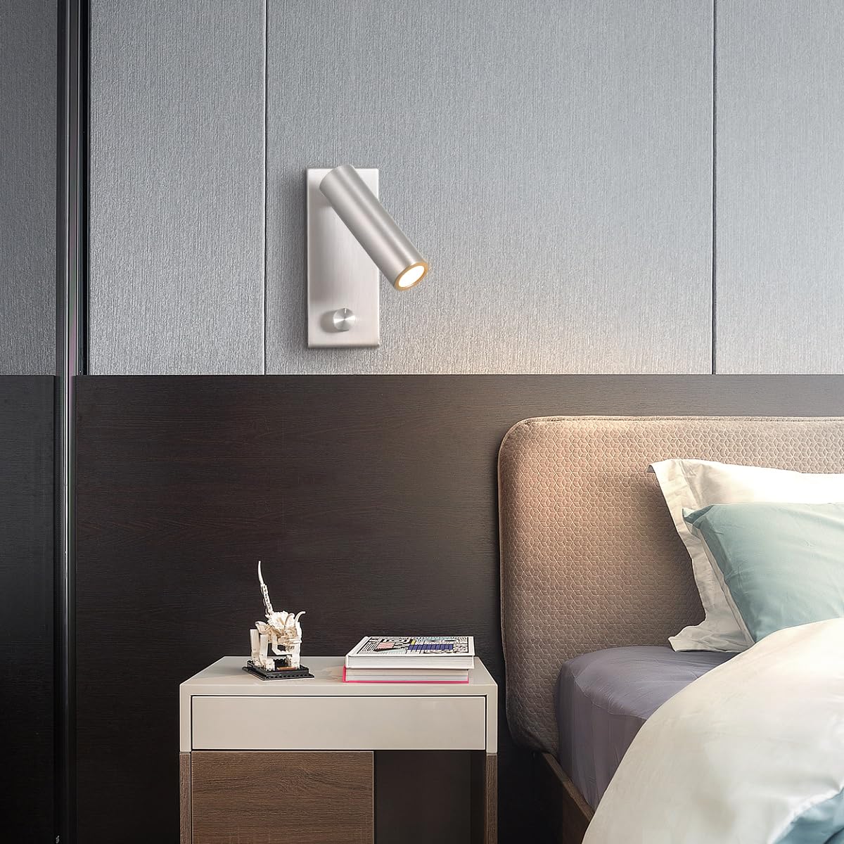 Wall Mounted LED Reading Light Sconce with Dimmer Switch - 5W Warm White 3000K Hardwired Nickel Finish (WL300) - Perfect for Bedroom, Study Room and Hallway Lighting