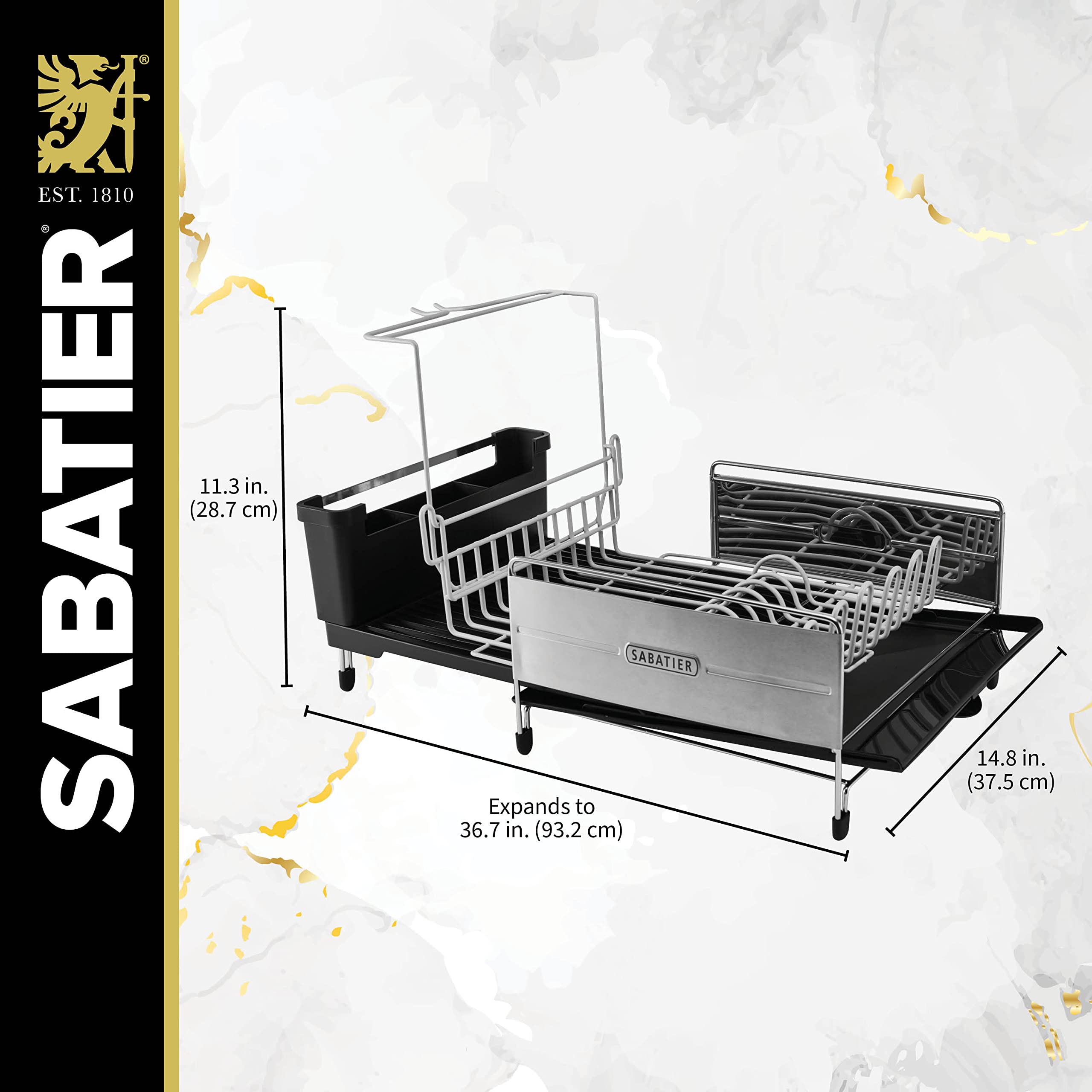 Sabatier Expandable Stainless Steel Dish Rack - Rust-Resistant Soft Coated Wires, Bi-Directional Spout, Utensil Caddy & Removable Stemware Holder - Perfect for Kitchen Countertop, Sink Side & Small Space Organization
