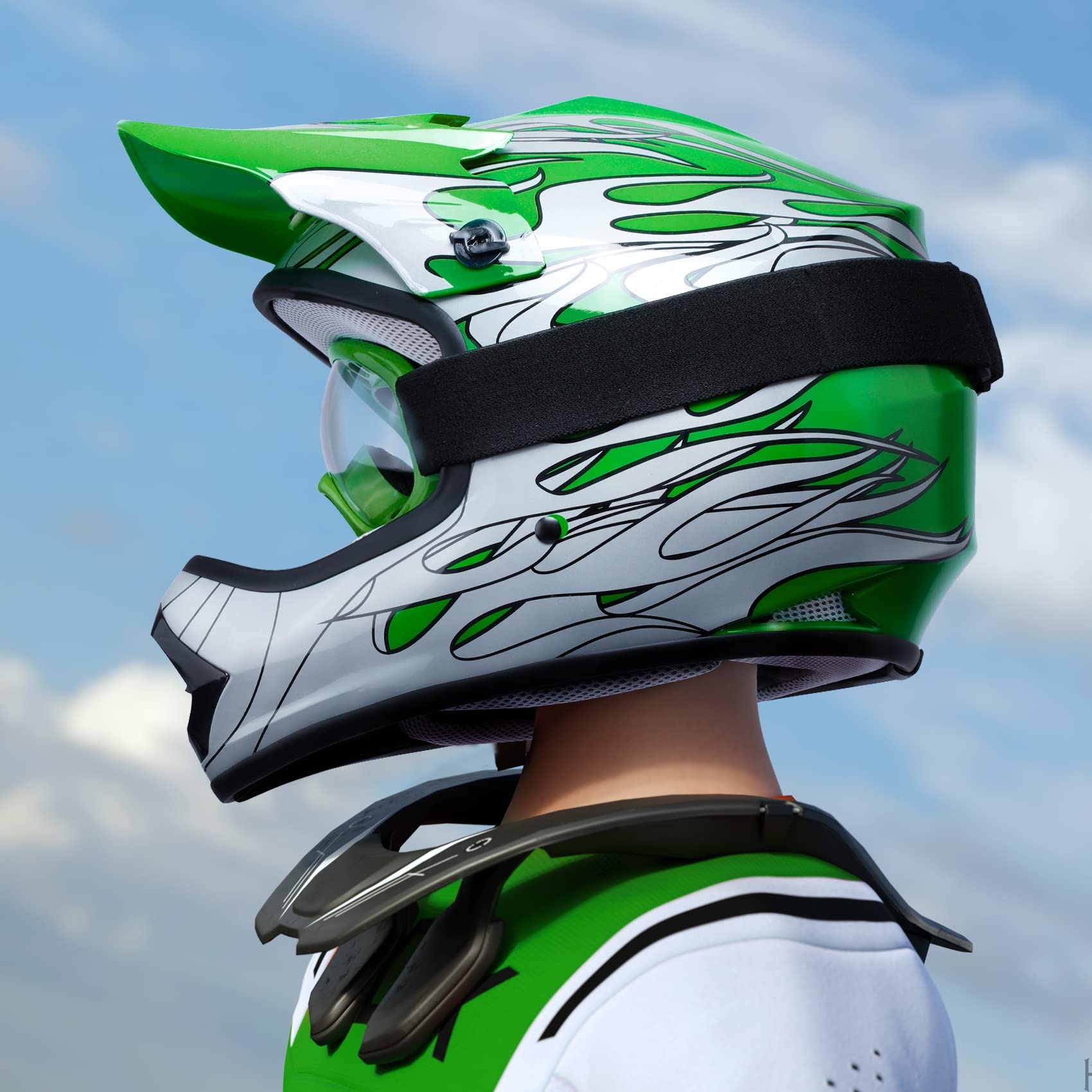 SLMOTO Youth & Kids Motorcycle Helmet - DOT Approved Motocross, Offroad, ATV, Dirt Bike Helmet with Goggles & Gloves - Green Flame Design - Perfect for Racing, Trail Riding & Outdoor Adventures
