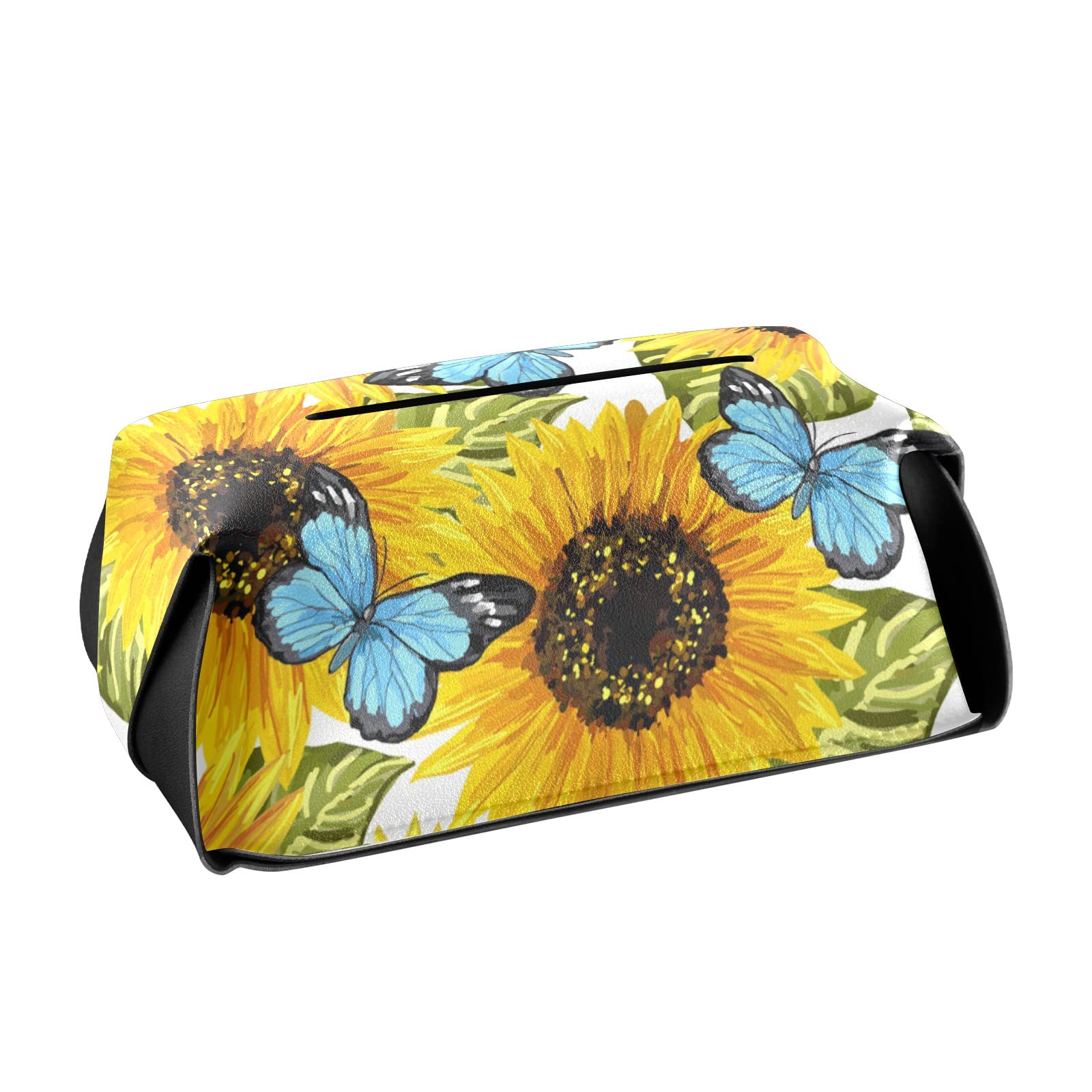 Sunflower & Blue Butterfly Leather Tissue Box Cover with Handle – Rectangular Tissue Holder for Car, Bathroom, Home & Office Decor | Durable & Stylish Facial Tissue Dispenser
