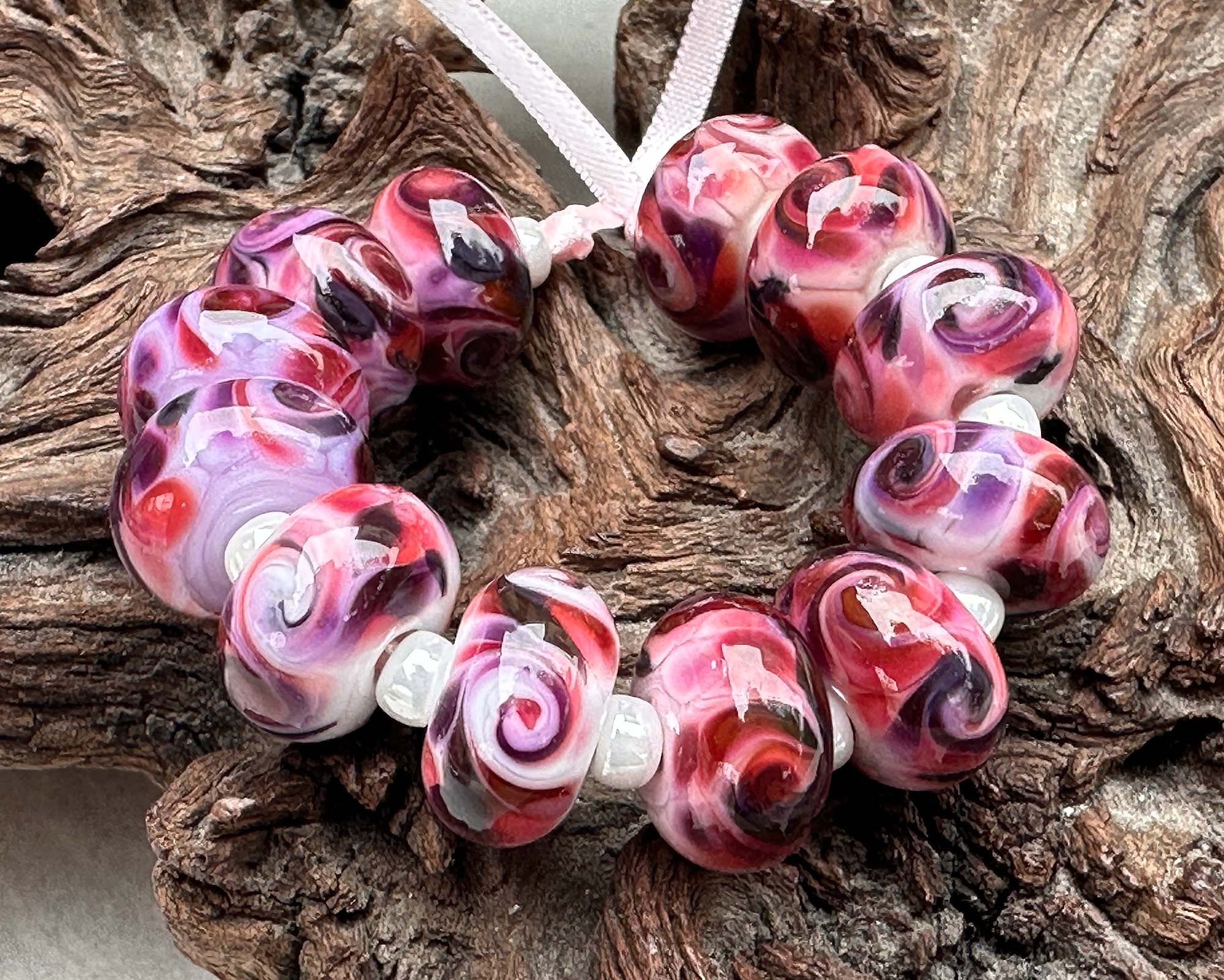 12pcs Cherry Bliss Mosaic Lampwork Glass Beads Set for Jewelry Making - DIY Bracelet, Necklace & Craft Projects - Handmade Artisan Beads for Boho & Fashion Accessories
