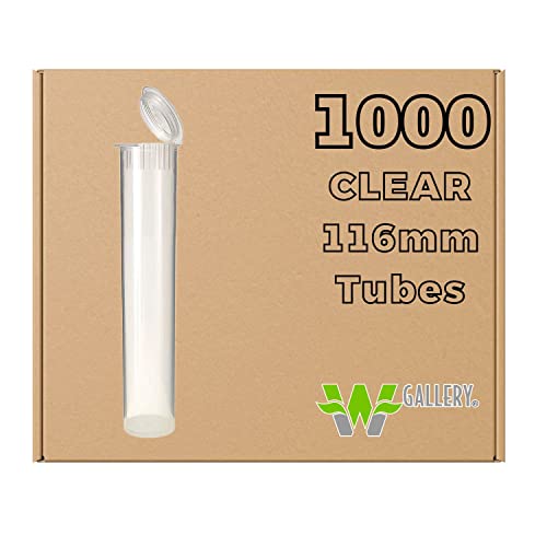 W Gallery 1000 Pack Clear 116mm Smell-Proof Plastic Tubes with Pop-Top Lids - BPA-Free Pre-Roll Blunt & Oil Cartridge Storage Containers - Fits RAW Cones (110mm, 109mm), King Size (120mm) & Lean (98mm) - Perfect for Cannabis Storage, Dispensary Organization & Travel Use