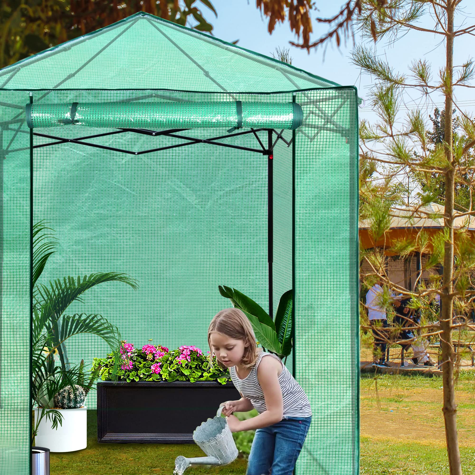 PexFix 8'x8' Portable Walk-in Greenhouse for Indoor & Outdoor Gardening - Easy Setup Pop-Up Greenhouse with 2 Roll-Up Mesh Windows & Zippered Door - Perfect for Seed Starting, Plant Protection & Year-Round Growing (Green, Model A-GE06016)