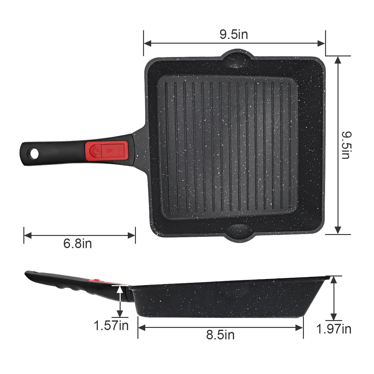 Nonstick Square Grill Pan 9.5 Inch - Cast Aluminum Steak Pan with Removable Handle, Oven & Dishwasher Safe, Double Pour Spouts, Black - Perfect for Grilling Steaks, Burgers, and Vegetables Indoor or Outdoor