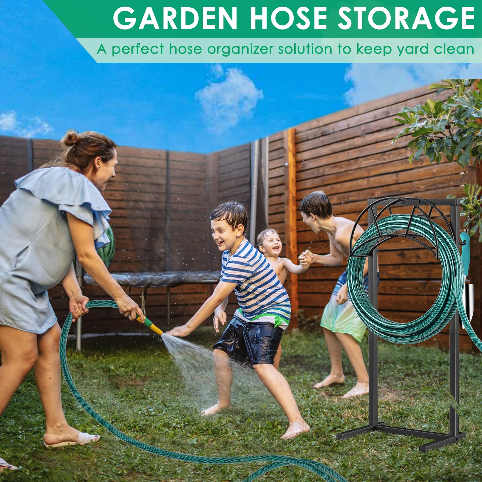 **TomCare 4-Spike Garden Hose Holder & Reel Stand - Heavy-Duty Hose Storage with Tool Hooks, Organizes Up to 150ft Hoses - Perfect for Yard, Lawn, and Outdoor Watering (Black)**    *(Ideal for garden maintenance, car washing, and outdoor water storage – keeps hoses tangle-free and tools within reach!)*