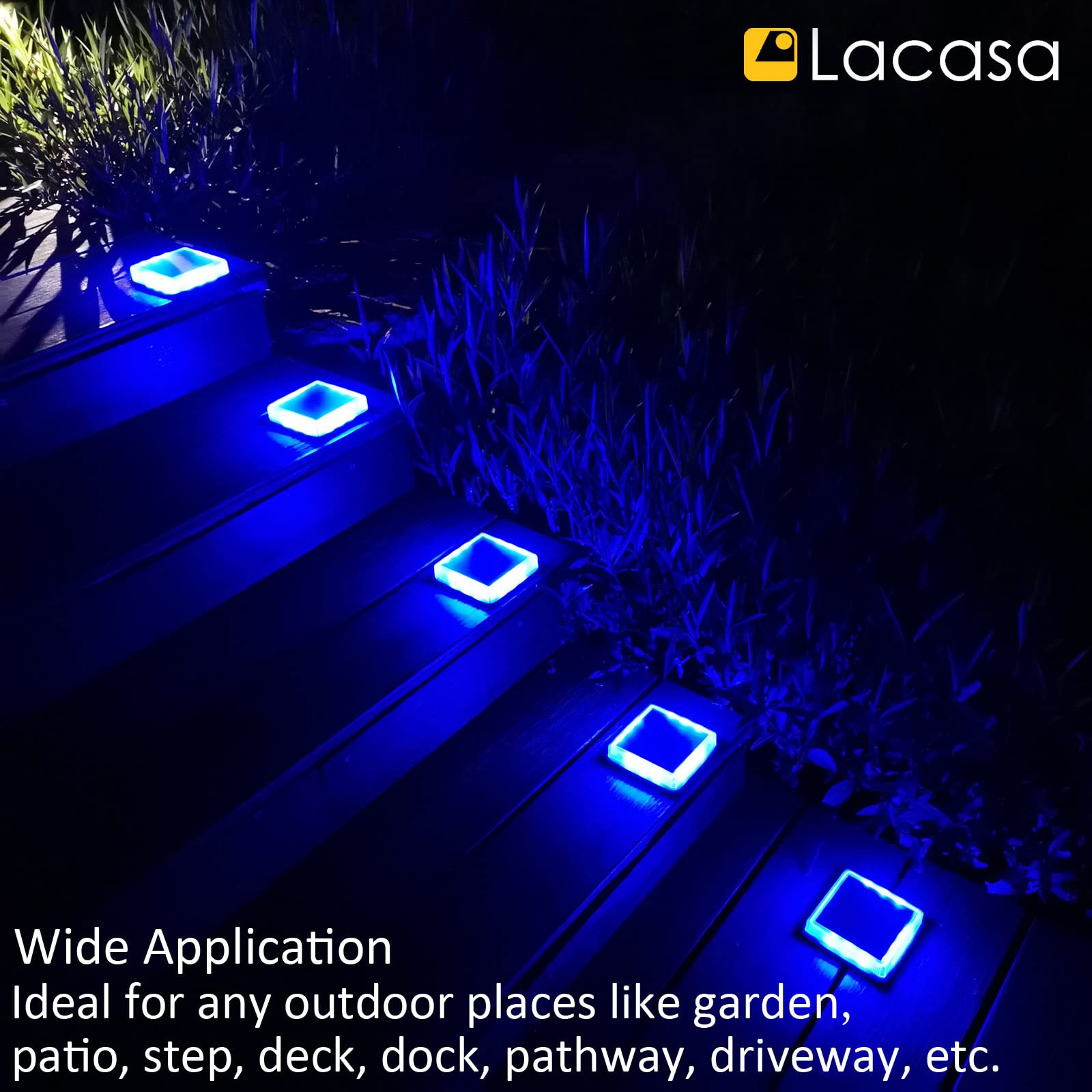 Lacasa 4-Pack Blue Solar Deck Lights - Dusk to Dawn Large Battery Step Lights, Waterproof Solar Powered LED Dock Lights for Outdoor Garden, Stairs, Driveway, Walkway, Pathway & Warning Lighting - Perfect for Patio, Backyard, Poolside & Landscape Illumination