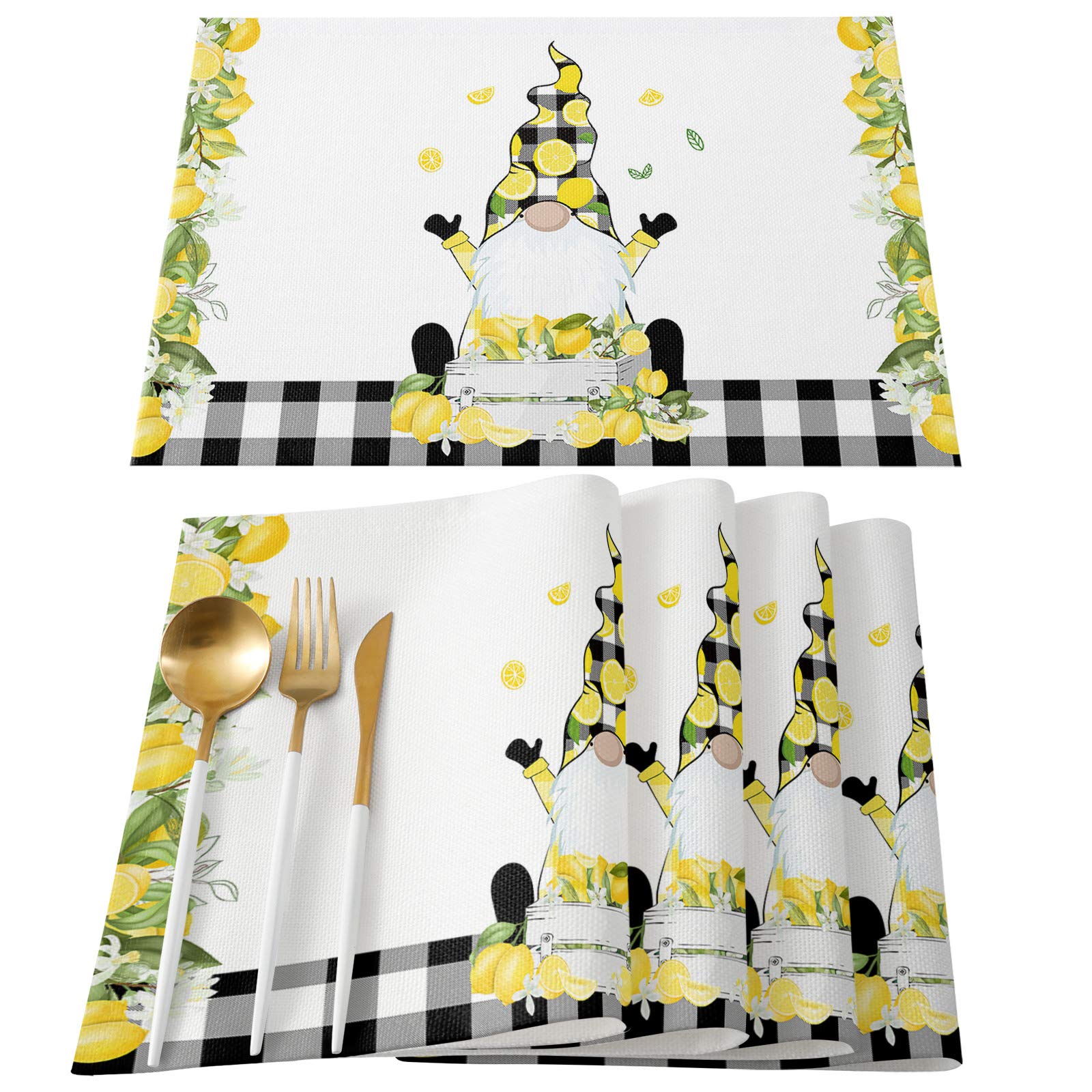 Ldtrchee Washable Placemats Set of 4 - Summer Gnome Lemon Decor Kitchen Table Mats, Rustic Buffalo Plaid Wipeable Dining Placemats 13