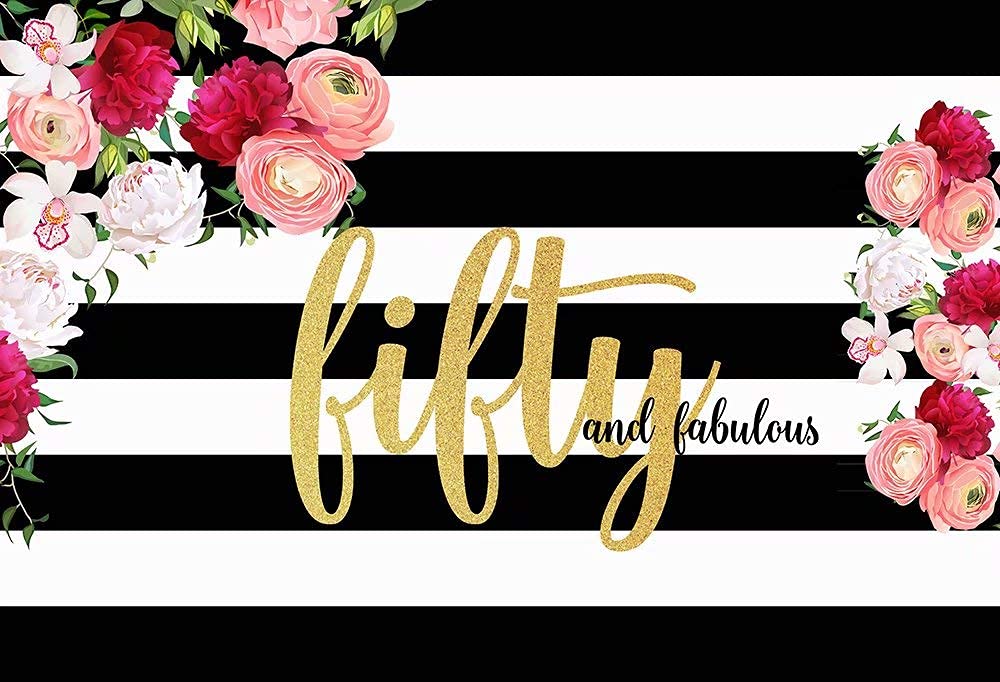 50th Birthday Backdrop - AOSTO Floral Striped Photography Background 7x5ft, Premium Polyester Fabric for Women's 50 Year Old Party Decor, Photo Booth & Milestone Celebrations