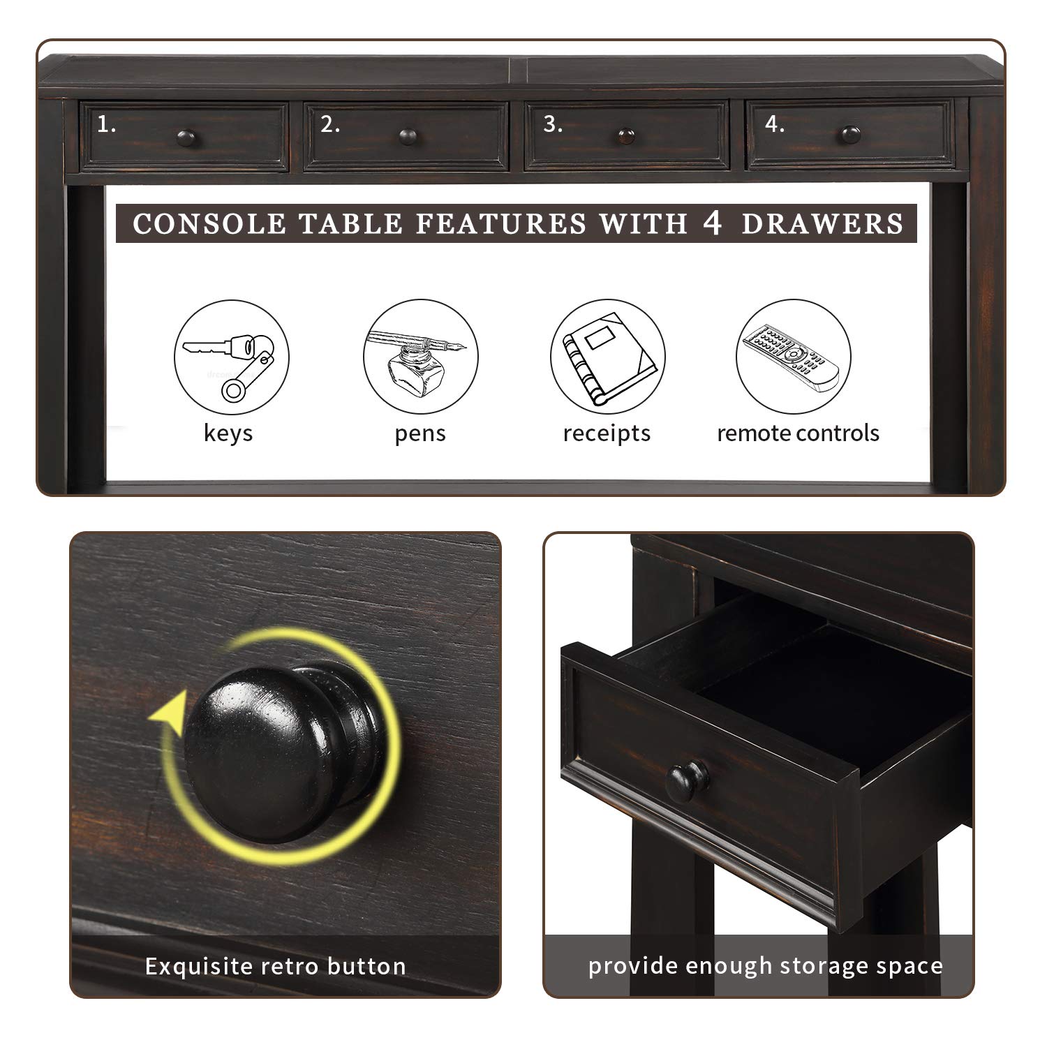 Solid Wood Console Table with Storage Drawers & Bottom Shelf - Entryway Hallway Sofa Table, Living Room Side Table - Easy Assembly (Black) | Perfect for Small Spaces, Apartment Decor & Home Organization