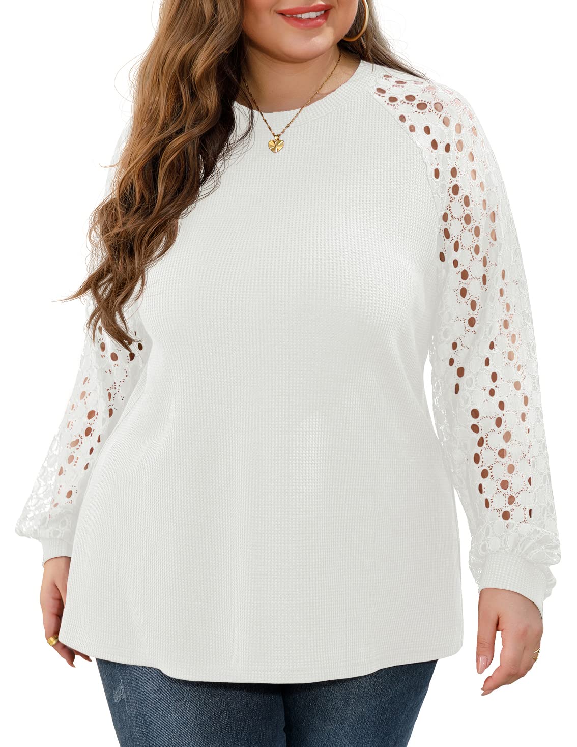 OLRIK Plus Size Women's Lace Sleeve Blouse - Waffle Knit Long & Short Sleeve Tops for Casual Wear & Office Outfits