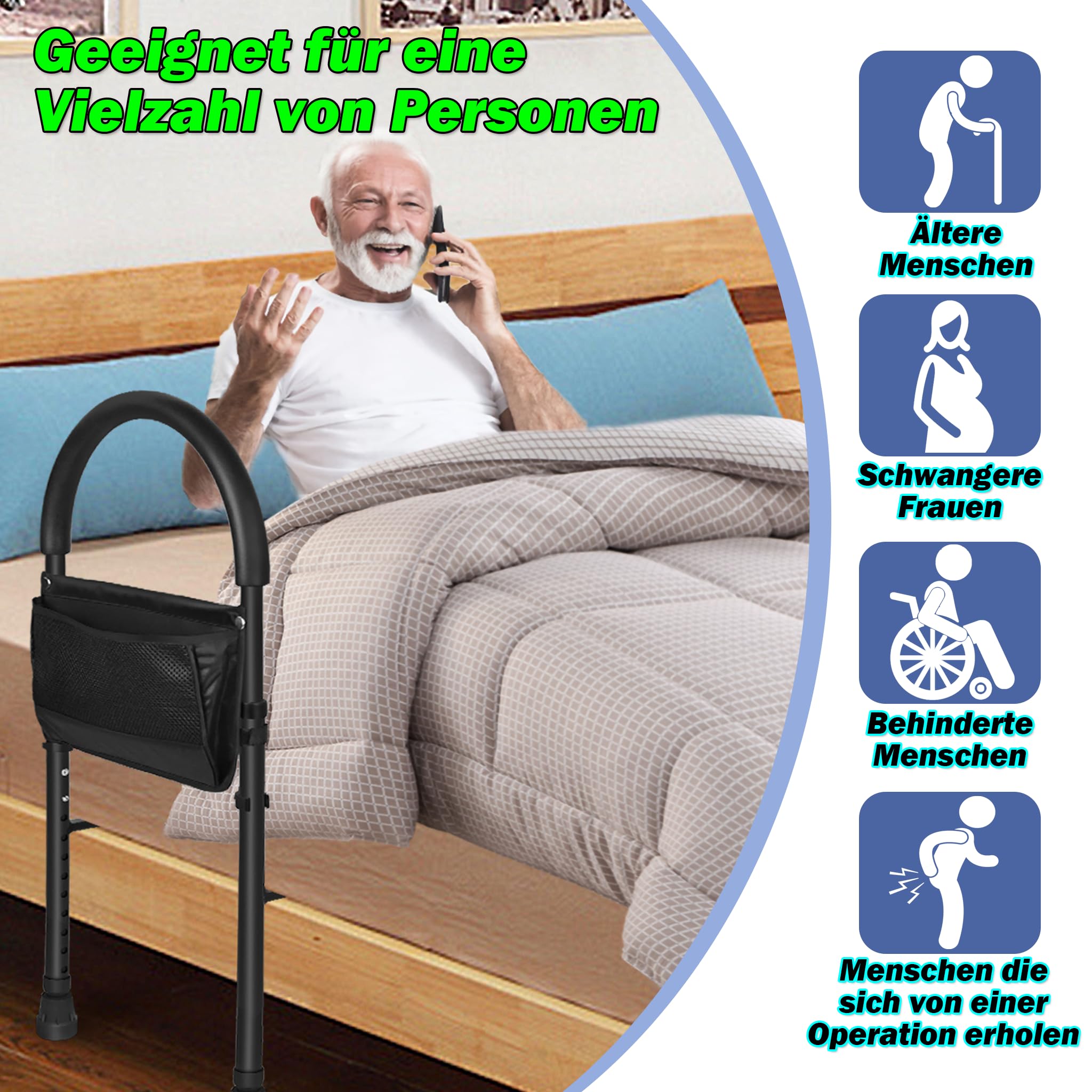 Adjustable Bed Assist Rail for Seniors - Height Adjustable Safety Handles, Elderly Mobility Aid for Getting In & Out of Bed - Ideal for Home Care, Nursing Homes & Daily Living Assistance