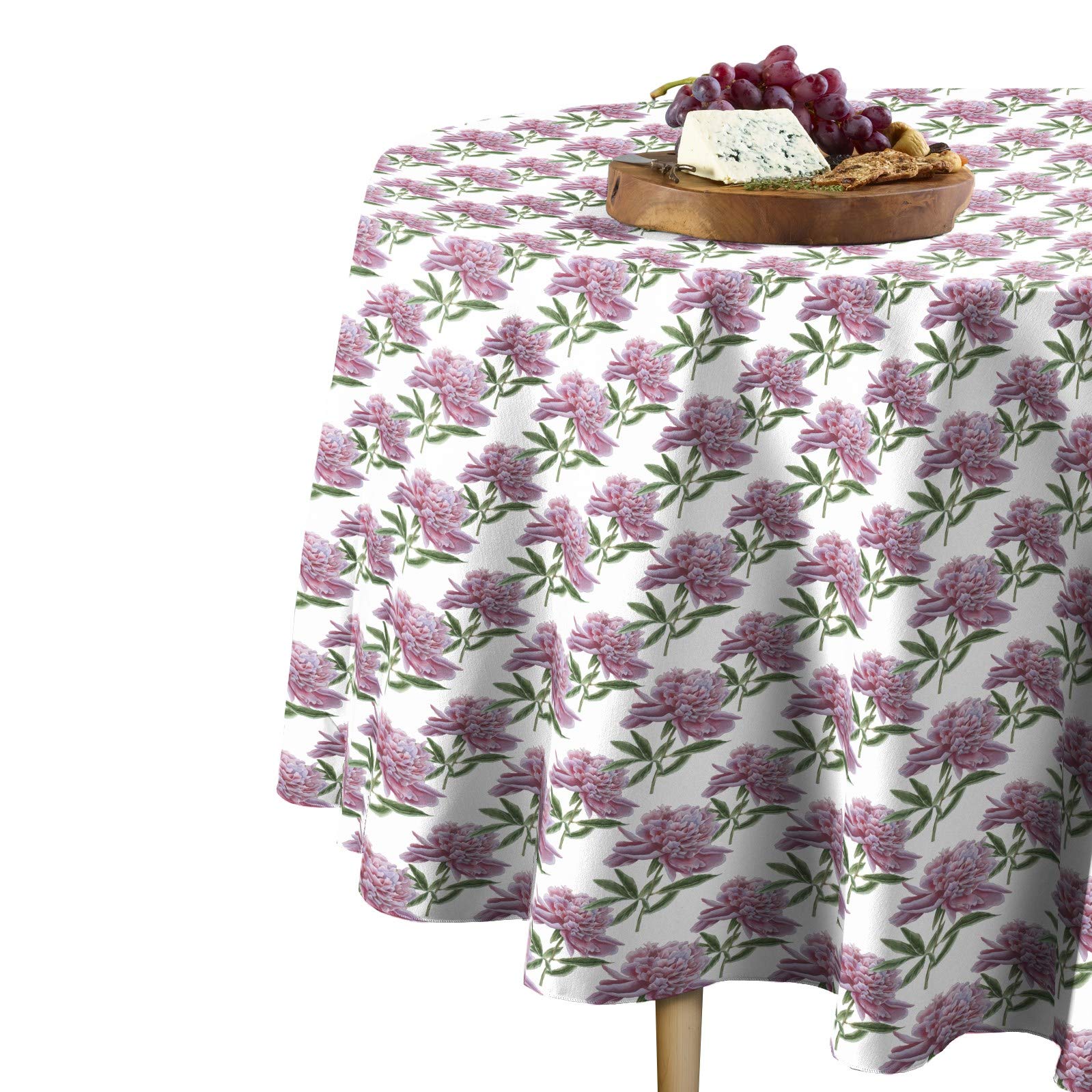 100% Milliken Polyester Round Tablecloth - 114 Inch Machine Washable Pink Spring Peonies Design for Dining Room, Wedding, Party & Outdoor Events