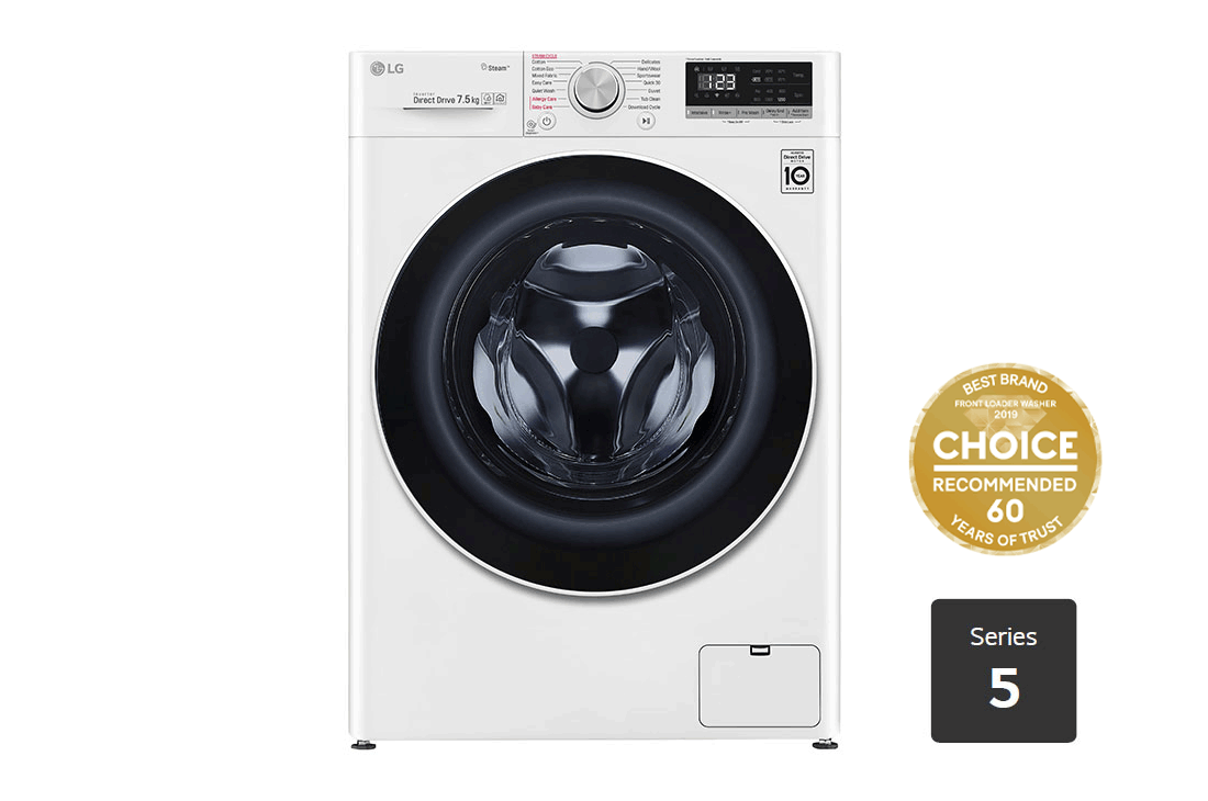 LG WV5 1275W 7.5kg Front Load Washing Machine with Steam Function - Energy Efficient, Quiet Operation for Apartments & Small Homes - Perfect for Laundry Rooms & Compact Spaces