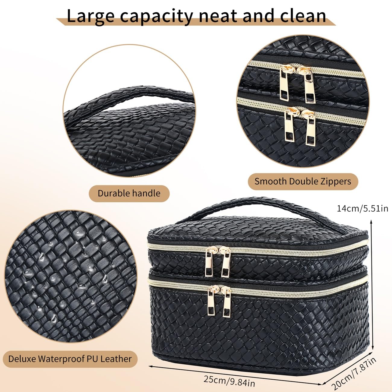 Waterproof Double Layer Travel Makeup Bag for Women with Jewelry Organizer - Large Portable Cosmetic & Toiletry Storage Box (Black) - Perfect for Vacation, Business Trips & Daily Organization