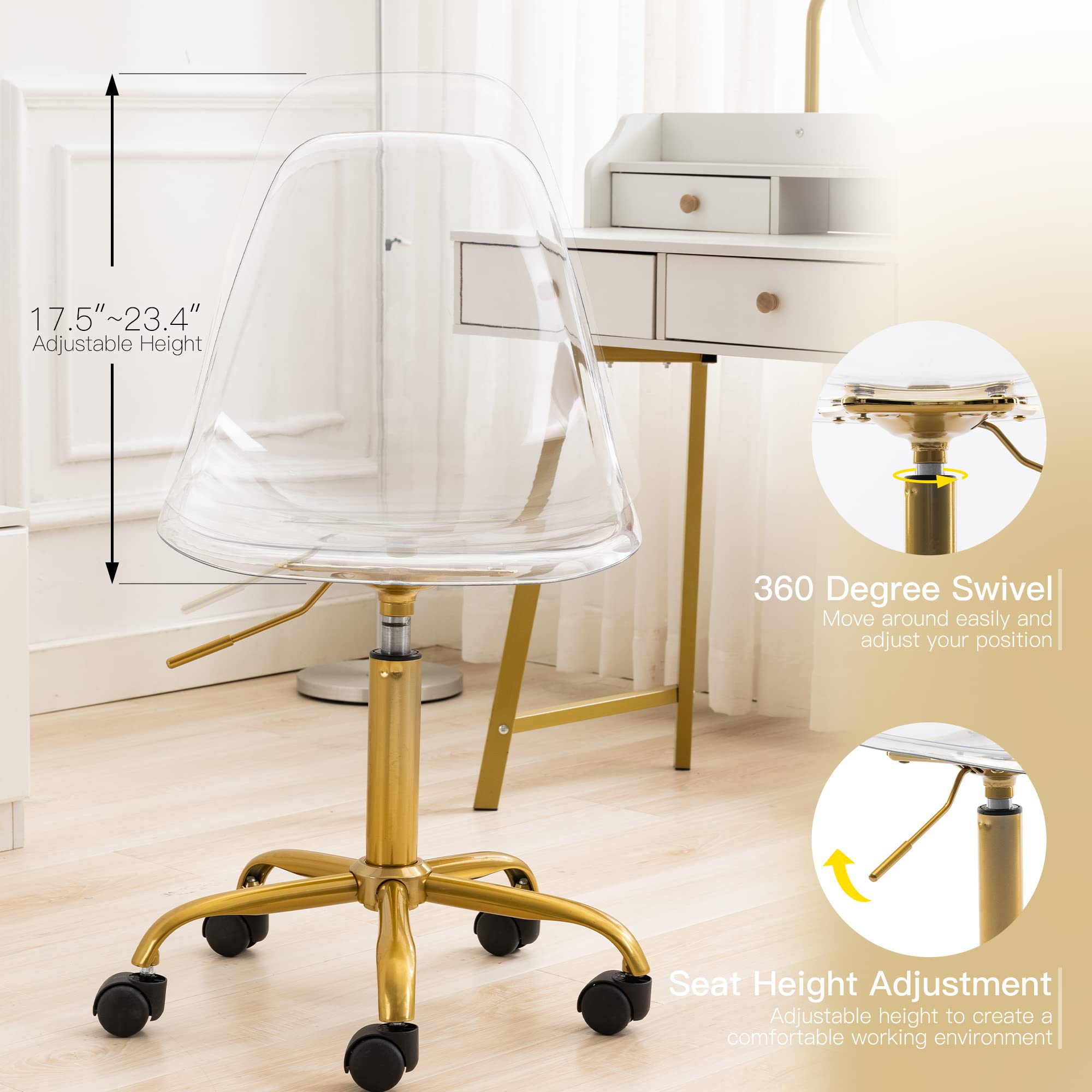 Modern Clear Acrylic Rolling Desk Chair - Adjustable Height Armless Office Chair with Wheels for Home, Vanity, or Workspace | Small Plastic Ghost Chair for Stylish & Functional Seating