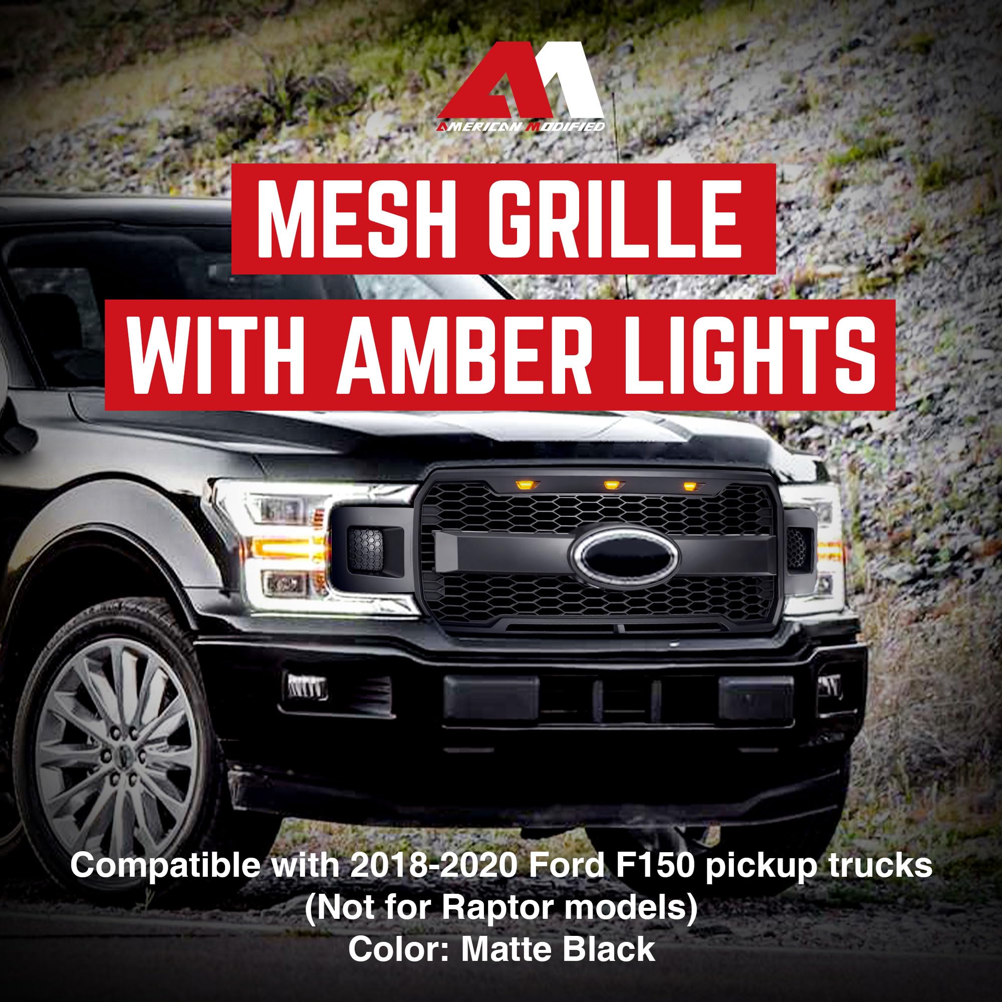 Raptor Style Mesh Grille with Amber LED Lights & Emblem Base for 2018-2020 Ford F150 | Matte Black | Off-Road & Street Upgrade | Enhanced Style & Durability
