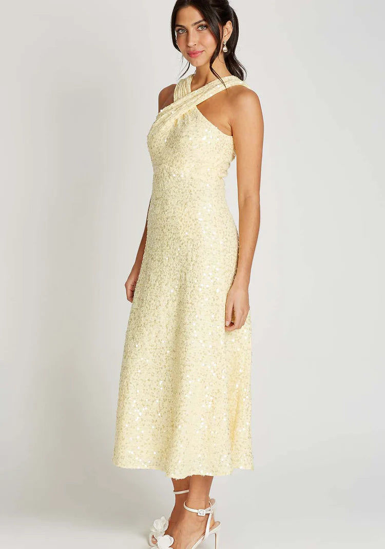 Louise Sequin Waffle Cross Neck Midi Dress - Lemon Yellow Party Dress for Women, Perfect for Cocktail Parties, Weddings & Special Occasions