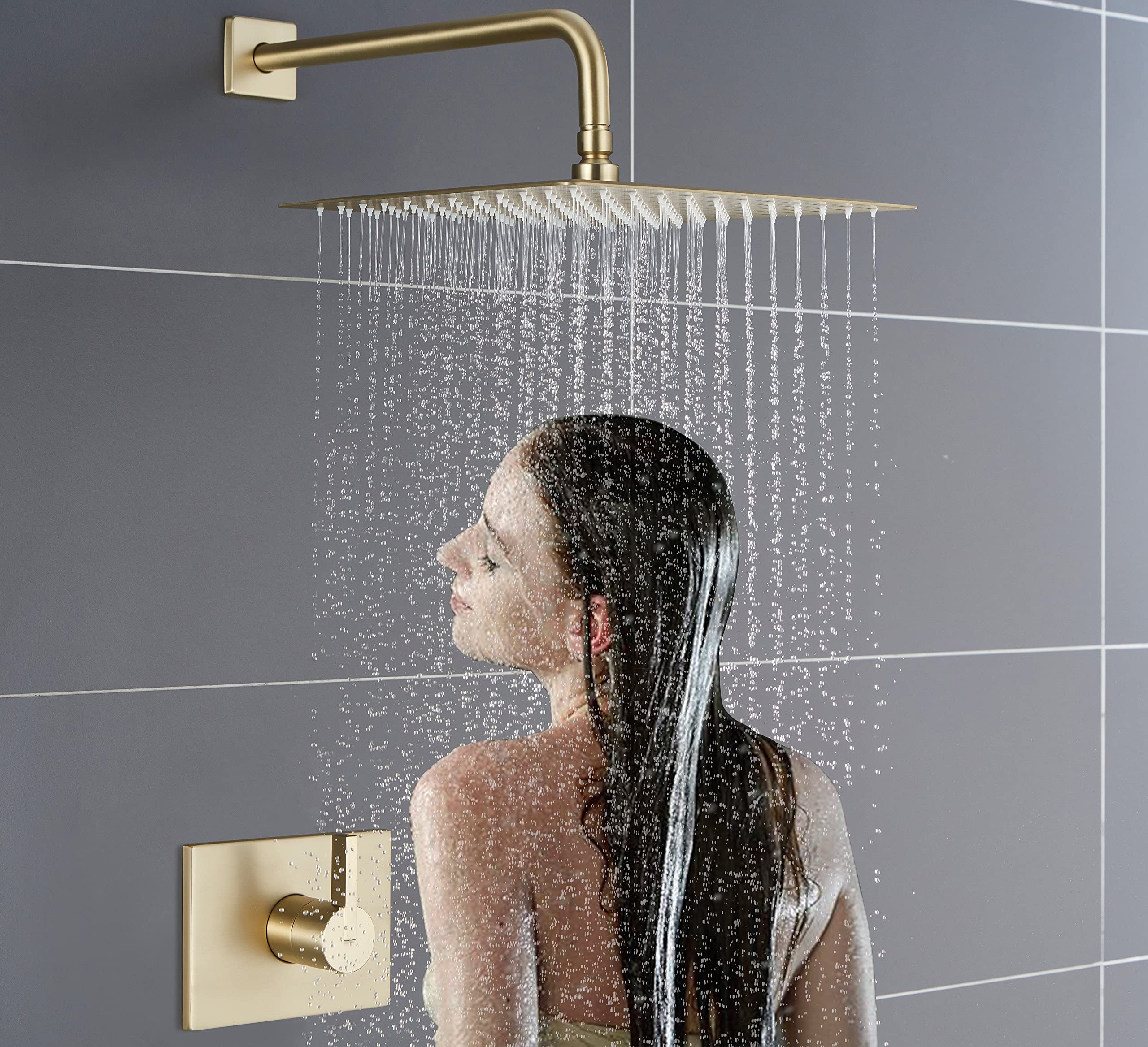 Brushed Gold Shower Fixture Set - 12 Inch Gold Shower Head, Tub Spout & Handle Combo with Valve - Luxury Bathroom Faucet for Modern & Vintage Bathrooms - Perfect for Home Renovation & Spa-Like Shower Experience