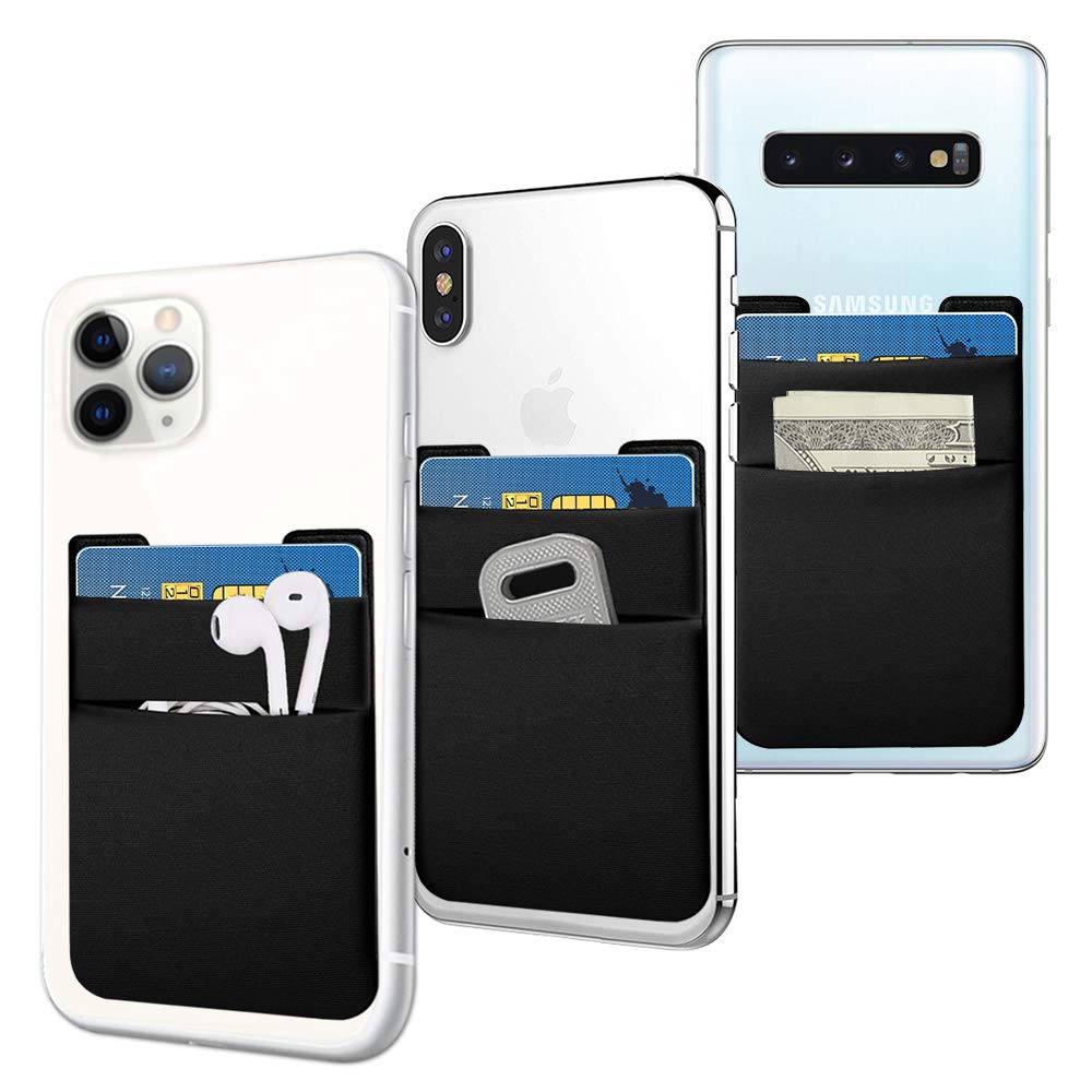 Stretchy Lycra Phone Card Holder - Adhesive Back Pocket for Credit Cards, Compatible with iPhone & Android Smartphones (Black, 3-Pack) - Perfect for Travel, Shopping & Everyday Use