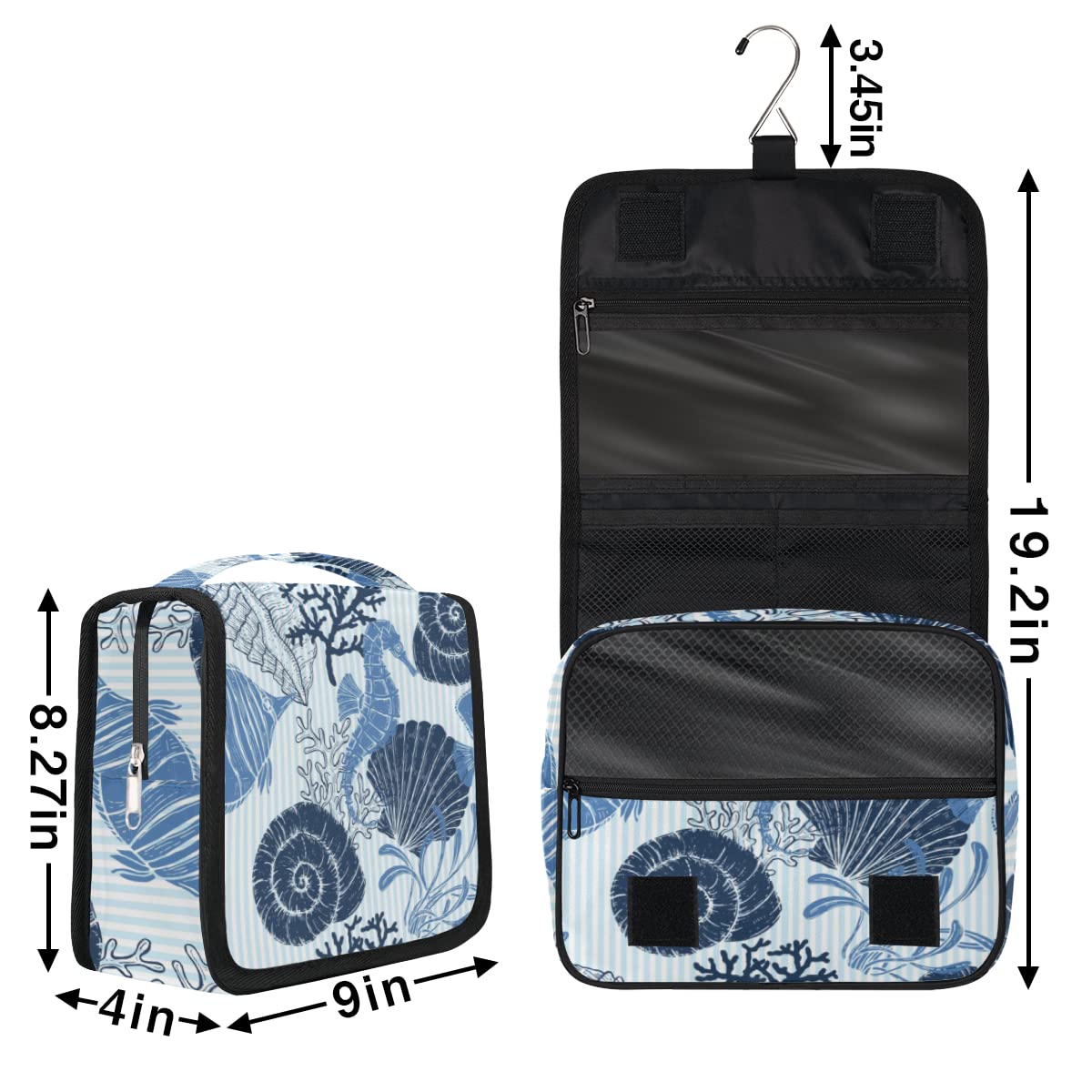 Waterproof Hanging Toiletry Bag with Seashell Design - Travel Makeup Organizer Pouch with Hook for Women & Men - Perfect for Beach Vacations, Camping Trips and Gym Use