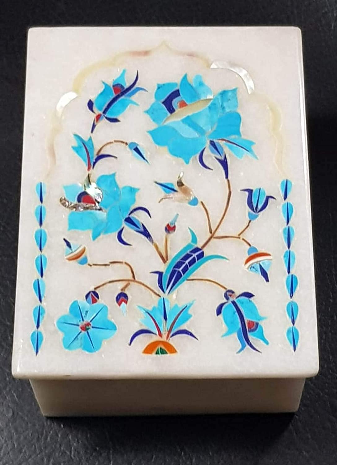 Handmade Marble Inlay Jewelry Box with Pietra Dura & Semi-Precious Stones - Unique Christmas Gift 2021 - Perfect for Jewelry Storage, Home Decor & Luxury Gifting
