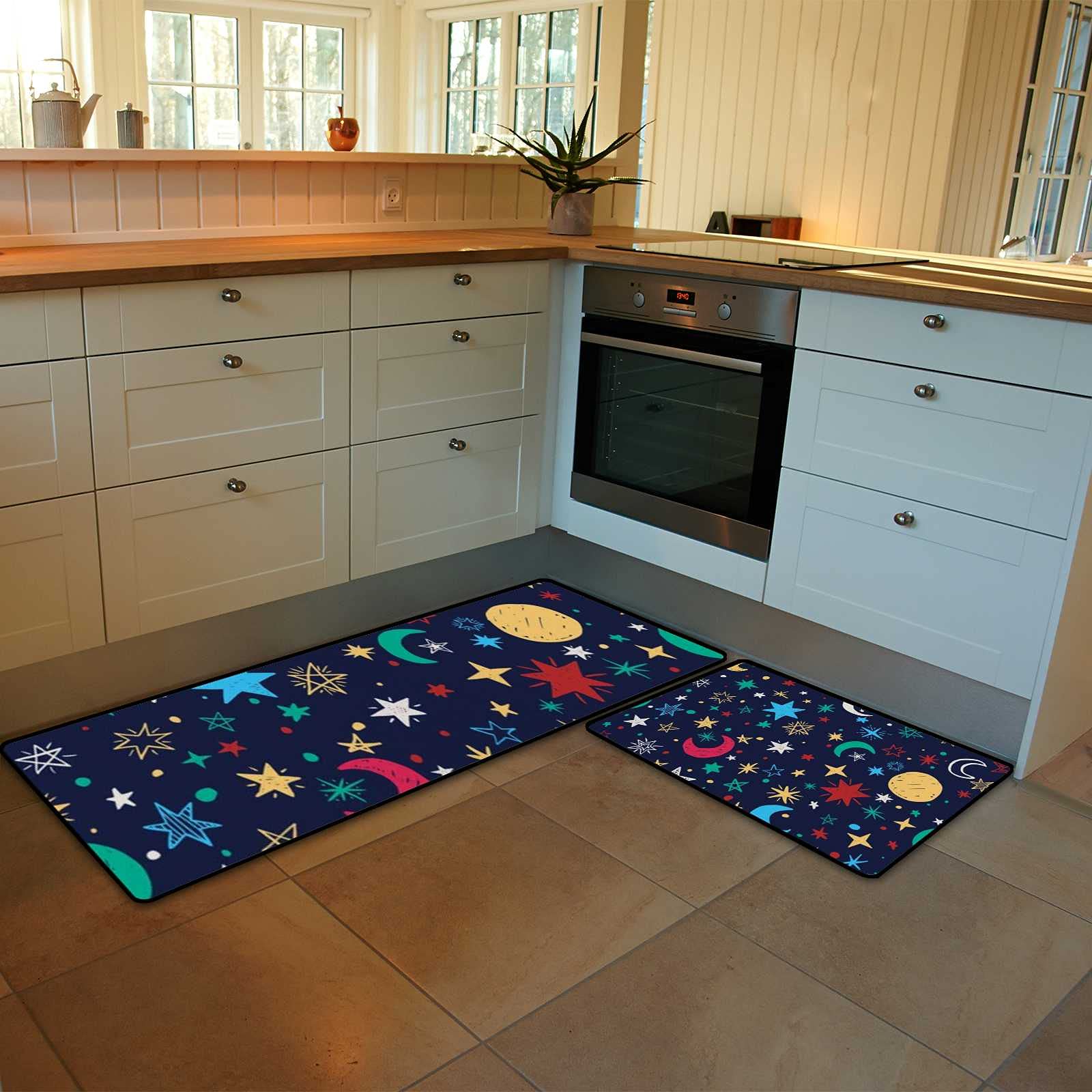Hand-Drawn Stars & Moons Doodle Non-Slip Kitchen Rugs (2-Piece Set) - Anti-Fatigue Cushioned Water Absorbent Foam Floor Mats 17.7