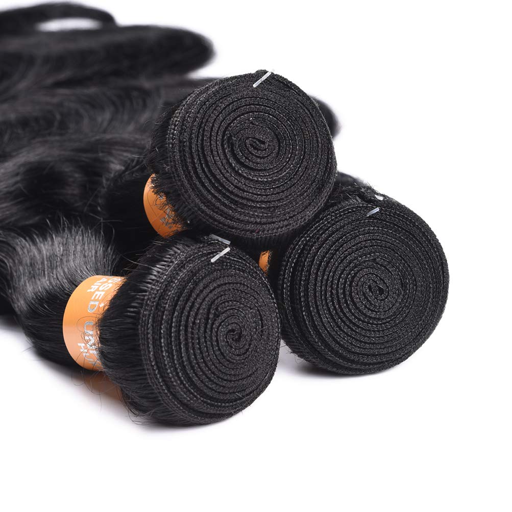 WOME Brazilian Human Hair Bundles 100% Natural Black Body Wave Hair Weaves - 3 Bundles Human Hair Extensions (16