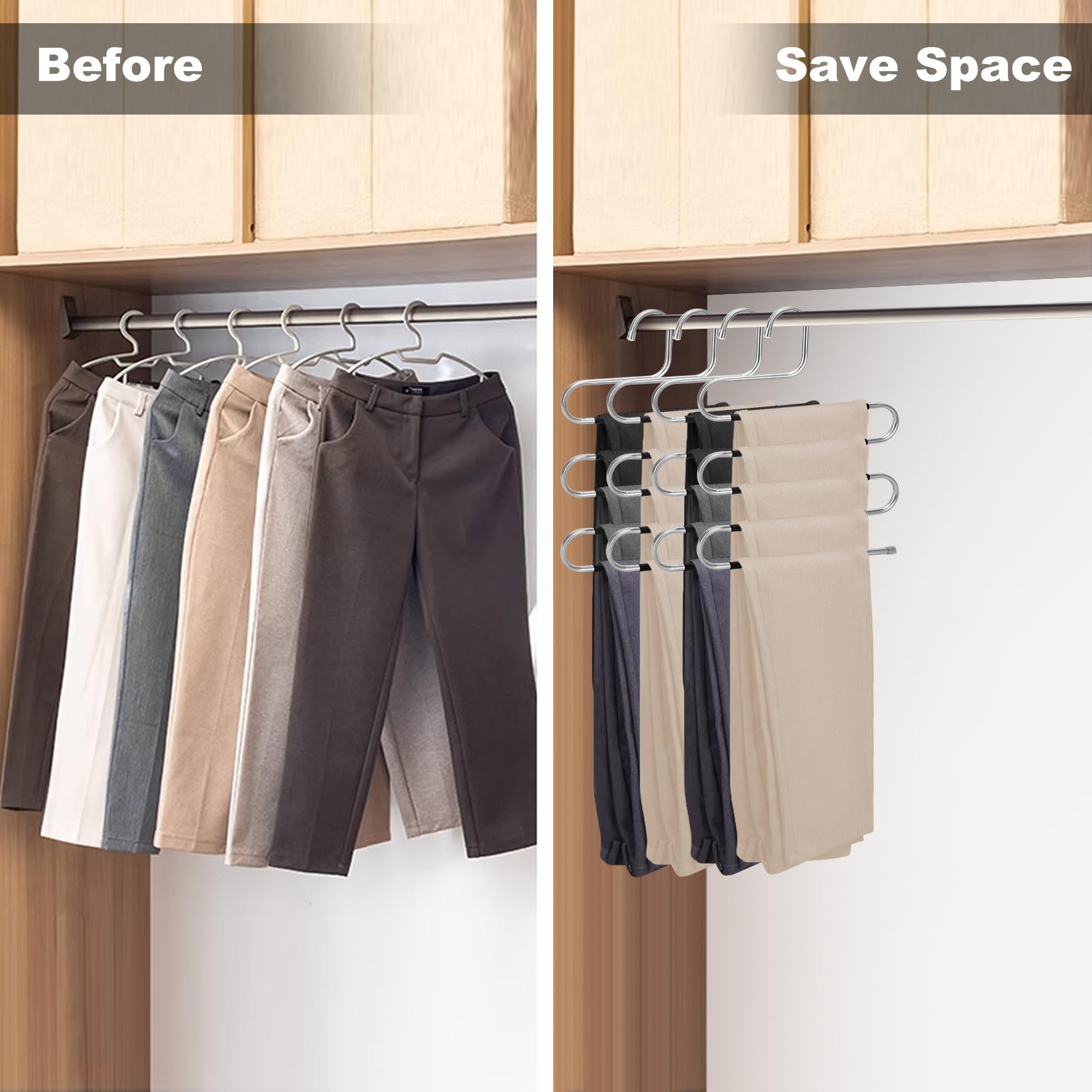 Space Saving Pants Hangers 4-Pack - Stainless Steel Non-Slip Closet Organizers for Jeans, Scarves, Towels & Leggings - Perfect for Small Closets & Wardrobe Organization