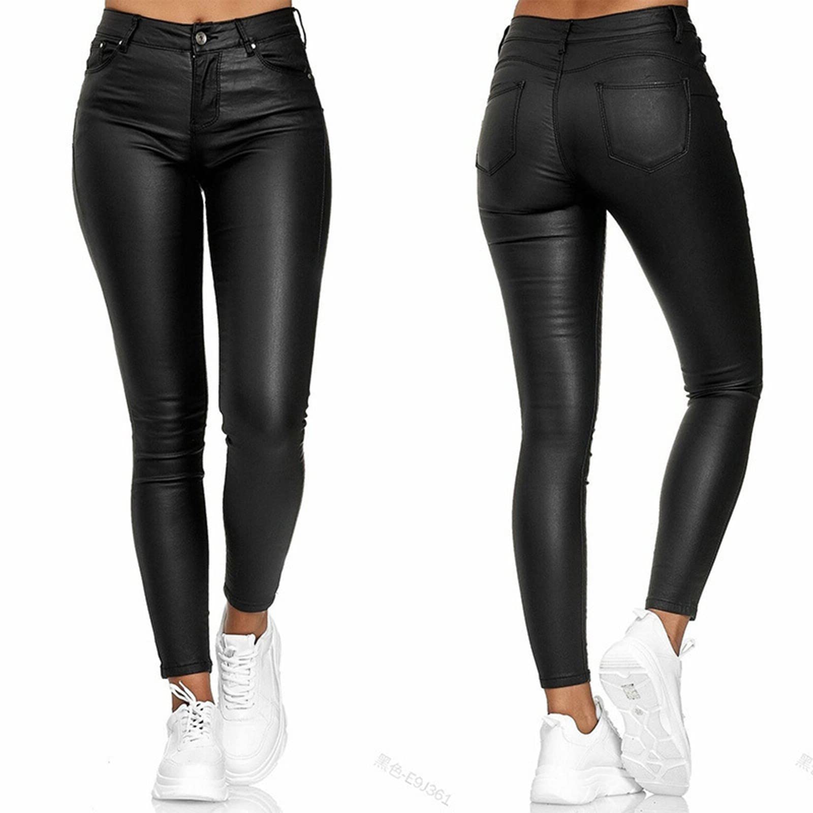 Faux Leather Leggings for Women - High Waist Yoga Pants with Pockets | Stretchy Petite Workout Pants | Perfect for Gym, Running & Casual Wear
