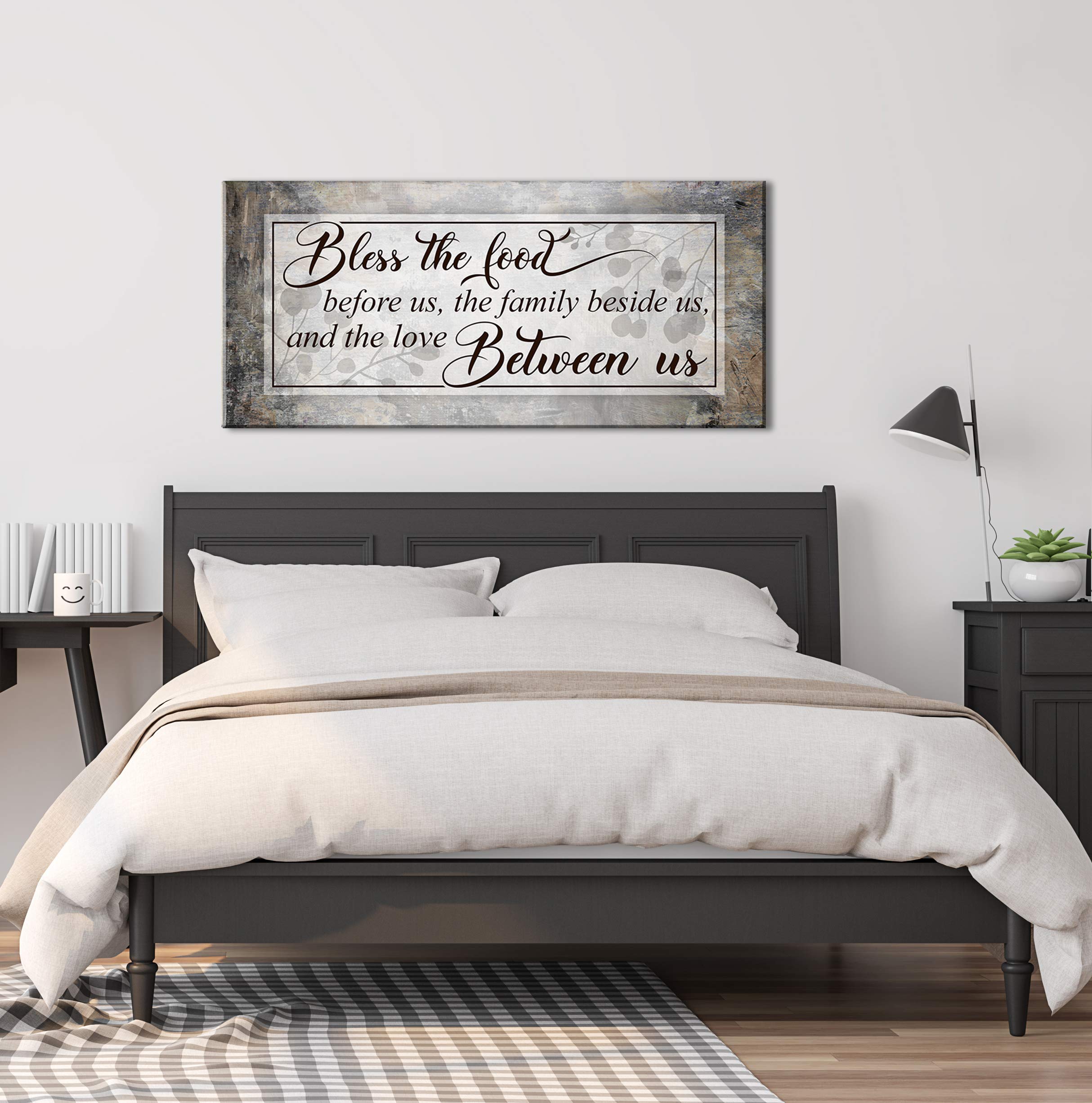 Bless The Food Sign - Large Christian Wall Decor for Dining Room & Kitchen - 42x19 Canvas Wall Art in Grey or Brown - Perfect for Family Home Decor & Religious Gift