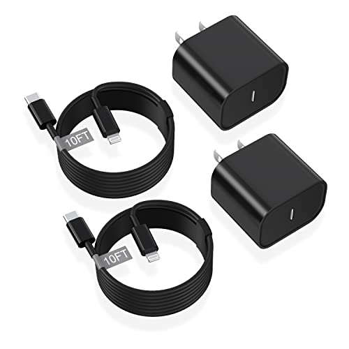 MFi Certified iPhone Fast Charger 20W PD USB C Wall Charger & 10FT USB C to Lightning Cable (2-Pack) - Compatible with iPhone 14/13/12/11/XS/XR/X/8 - Fast Charging & Data Sync - Perfect for Home, Office & Travel