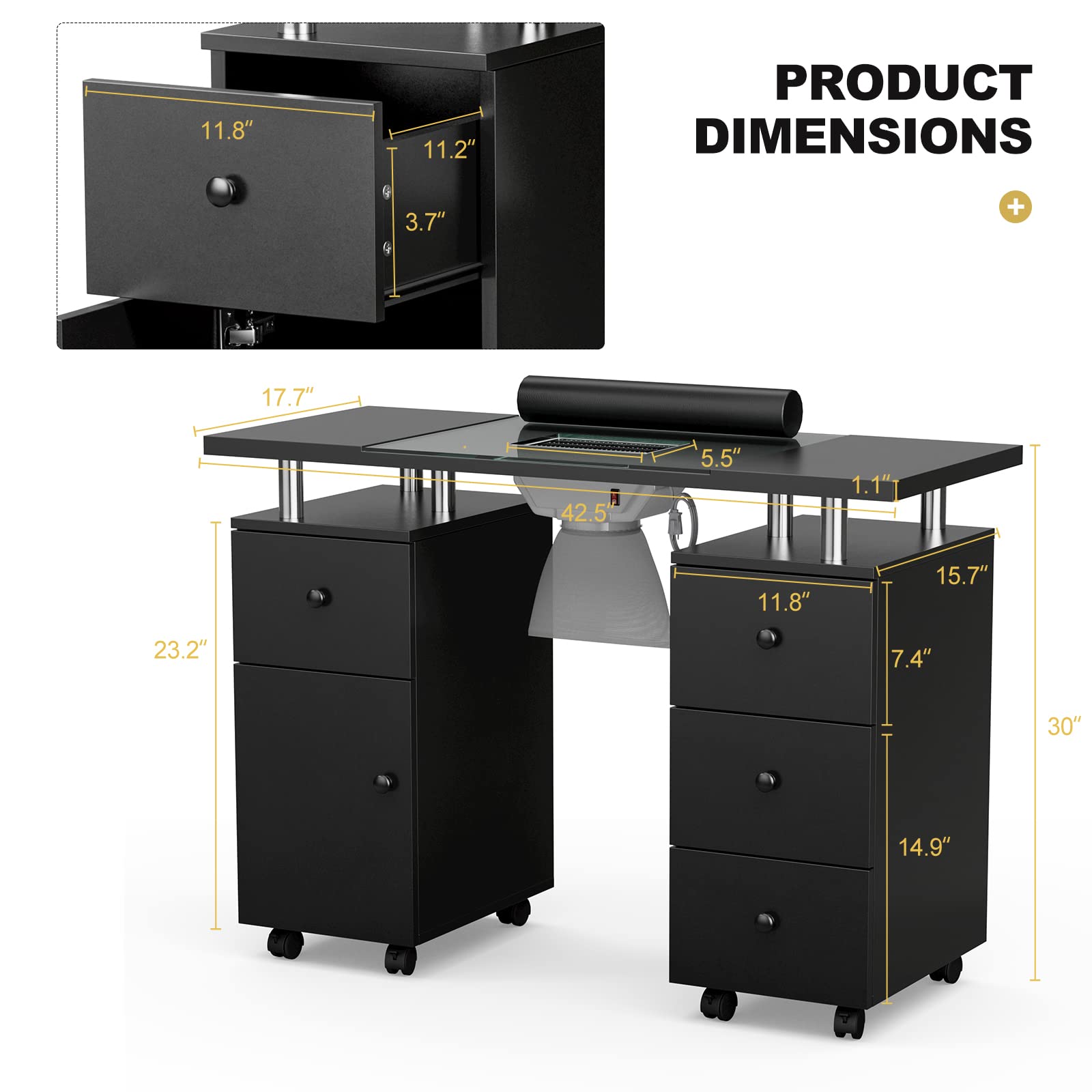Premium Paddie Manicure Table with Glass Top - Professional Nail Salon Desk with Electric Downdraft Ventilation System, Wrist Cushion, Lockable Wheels & Storage Drawers - Perfect for Nail Technicians, Home Salons & Beauty Professionals (Black)