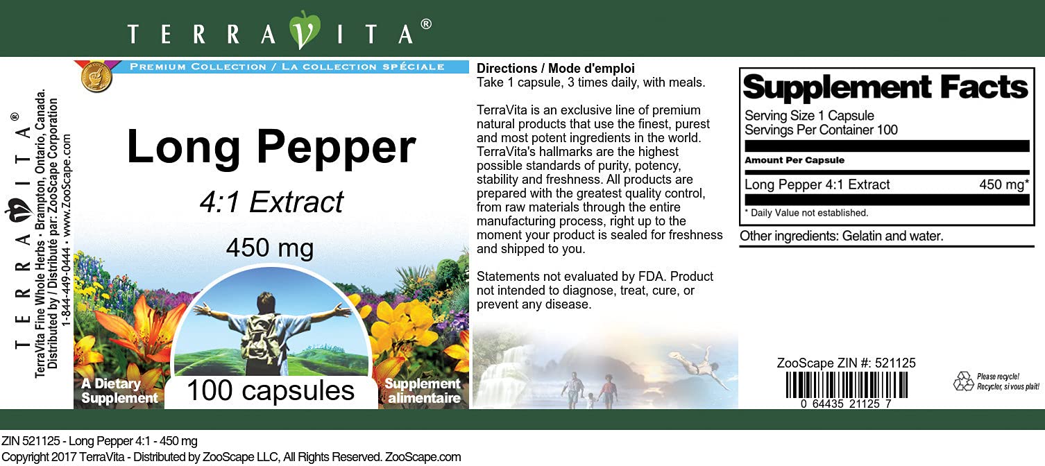 Long Pepper 4:1 Extract 450mg - 100 Capsules (ZIN: 521125) | Natural Supplement for Digestion & Metabolism Support | Perfect for Ayurvedic Wellness & Herbal Remedies