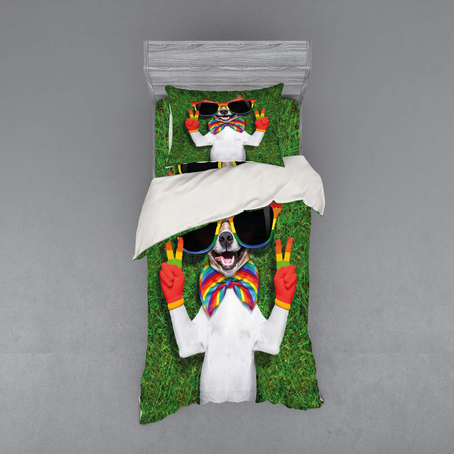 Ambesonne Pride Bedding Set - Funny Gay Dog Design with Peace Signs & Sunglasses on Green Grass | 3-Piece Duvet Cover Set with Sham & Fitted Sheet | Twin Size Multicolor | Perfect for LGBTQ+ Themed Bedrooms, Pride Month Decor & Humorous Home Accents