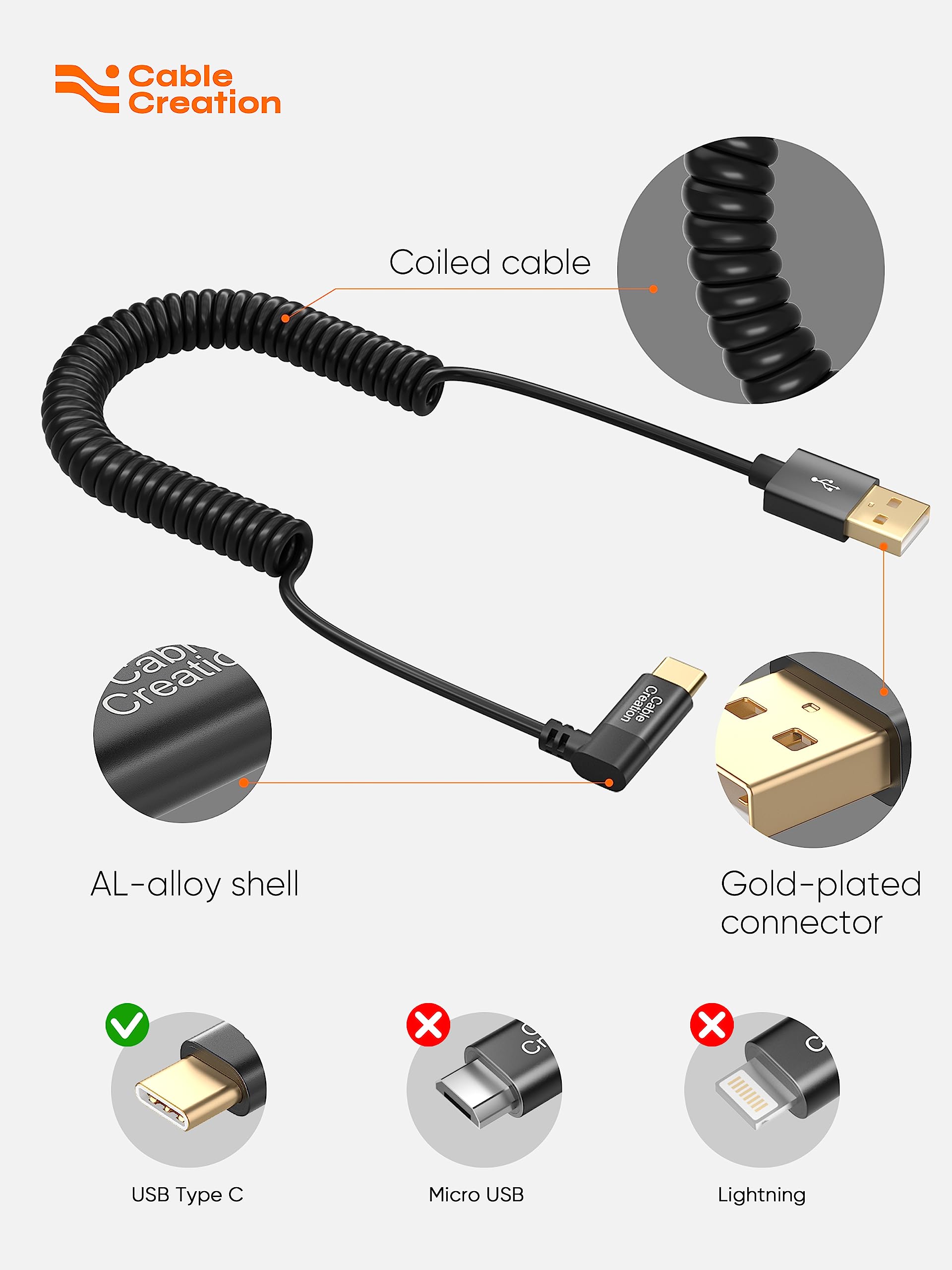 CableCreation USB C Fast Charging Coiled Retractable Cable - 3A Angled USB-C to USB-A for Android Auto, CarPlay, iPhone 15/16, MacBook, Drone, Smartphones & Tablets - Perfect for Car, Office & Travel (5ft Max Length)