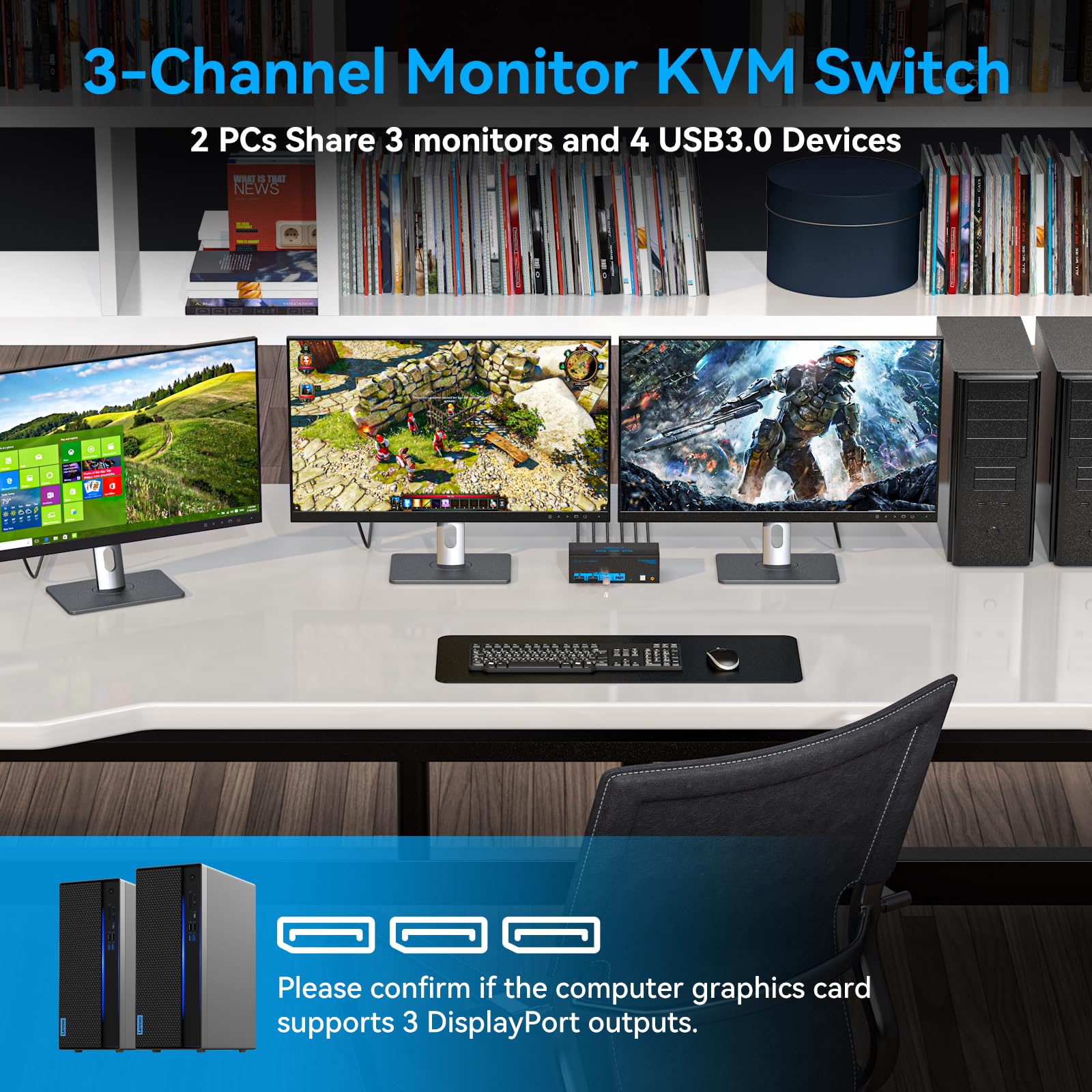 8K KVM Switch for 3 Monitors & 2 Computers - DisplayPort 1.4, 4K@120Hz, USB 3.0 Hub with 4 Ports - Supports Extended & Copy Mode - Includes 12V DC Adapter & 2 USB Cables - Perfect for Home Office, Gaming Setup & Multi-Device Workstations