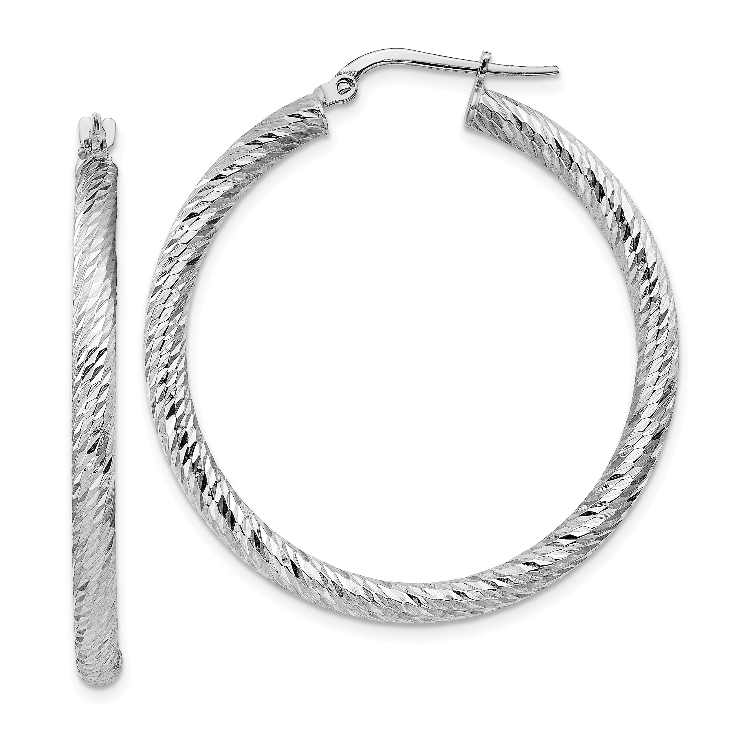 14K White Gold 3x30mm Diamond-Cut Round Hoop Earrings for Women - Elegant Everyday Jewelry for Work, Date Night & Special Occasions
