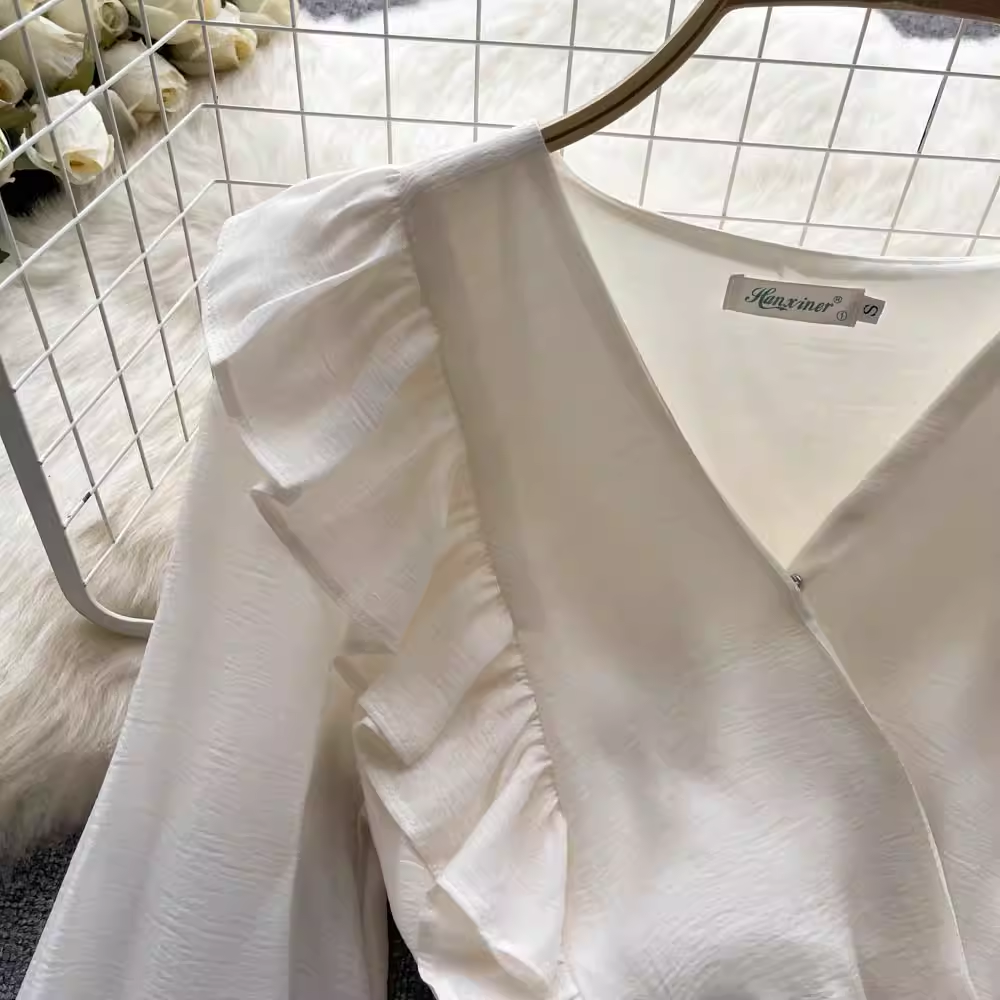 Fairy Ruffle Chiffon Blouse - Sweet Puff Sleeve V-Neck Top for Women | Elegant Flowy Shirt for Date Night, Party & Spring Outfits (Style 1061)